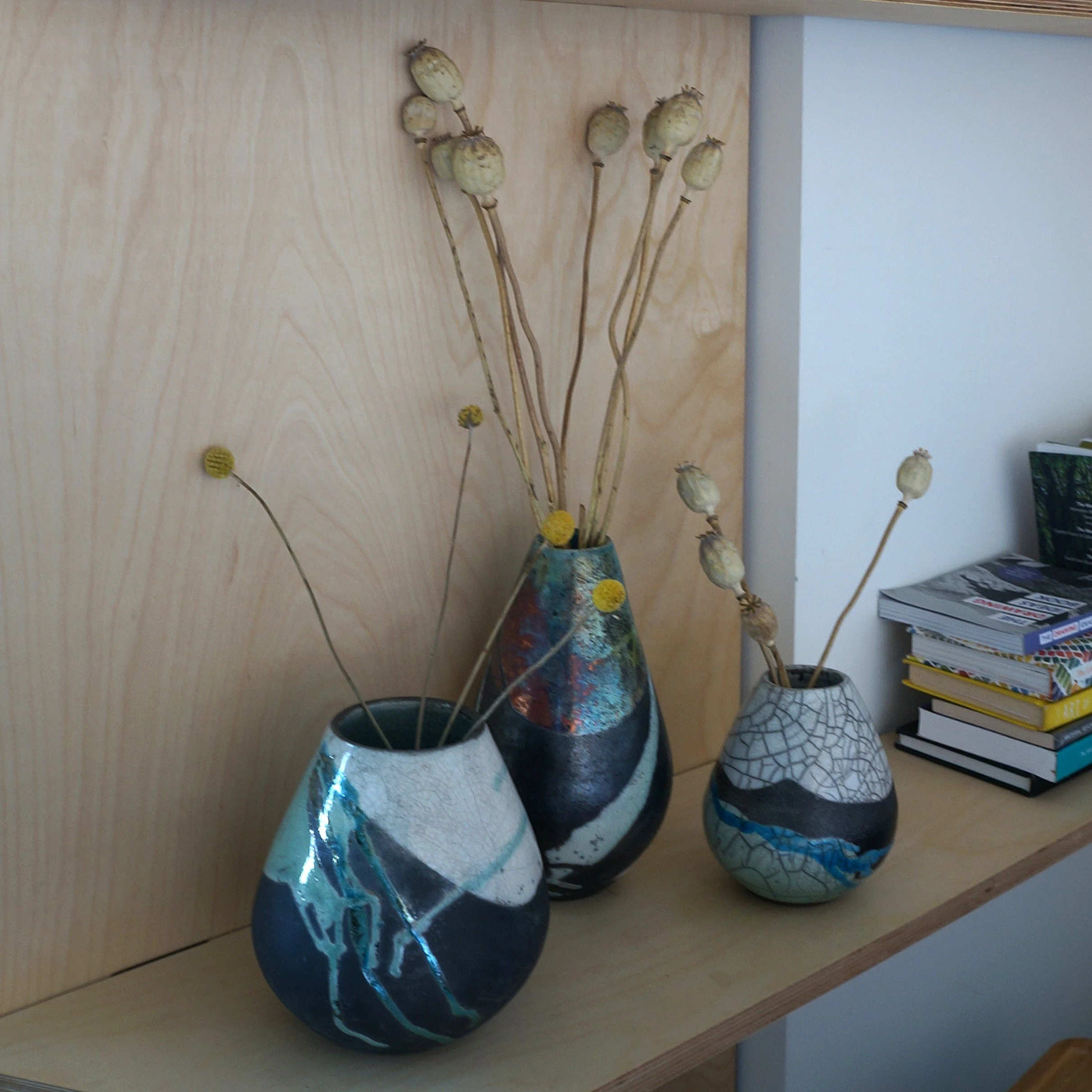 Raku Vase Trio on Shelf.JPG