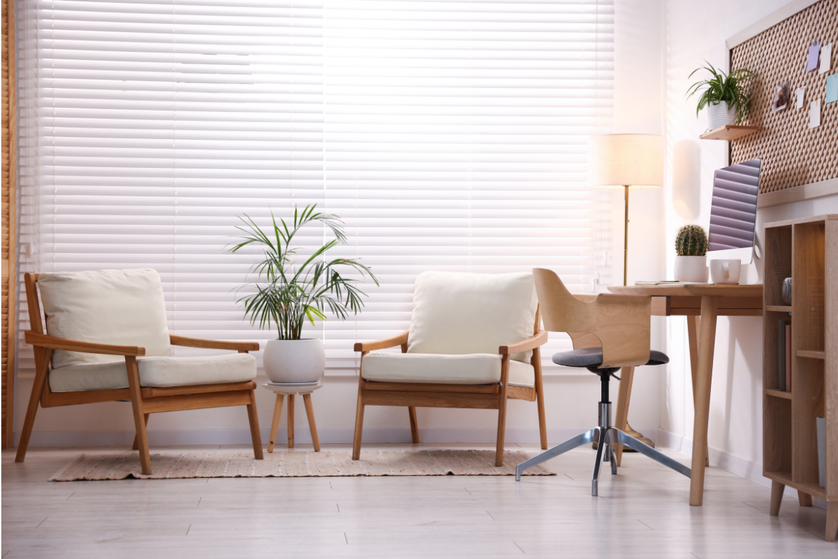 Marketing agency office setting, soft light, plant, desk for marketing services in Asheville, NC