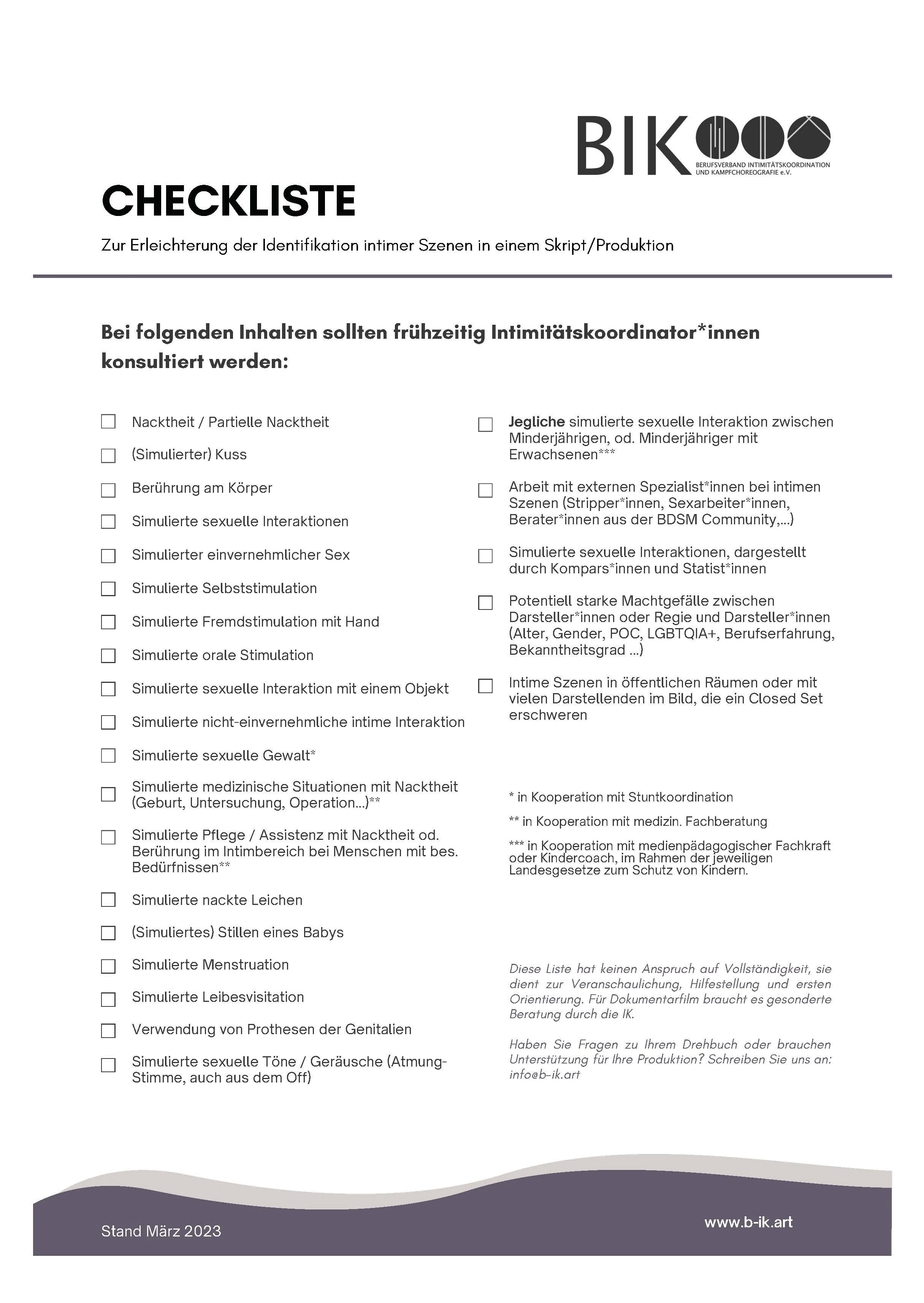 BIK-Checkliste zur Identifizierung intimer Szenen im Drehbuch (Autor:innen: Alamillo, Dworak, Effertz, Federl)
