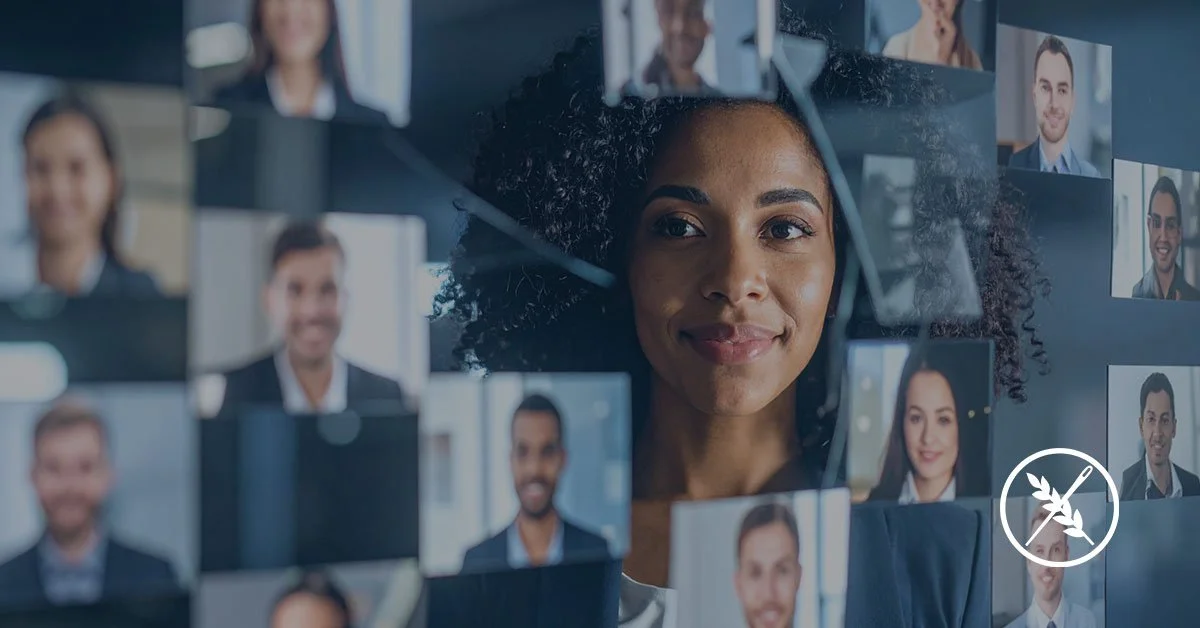 woman looking through screen with contact photos on it