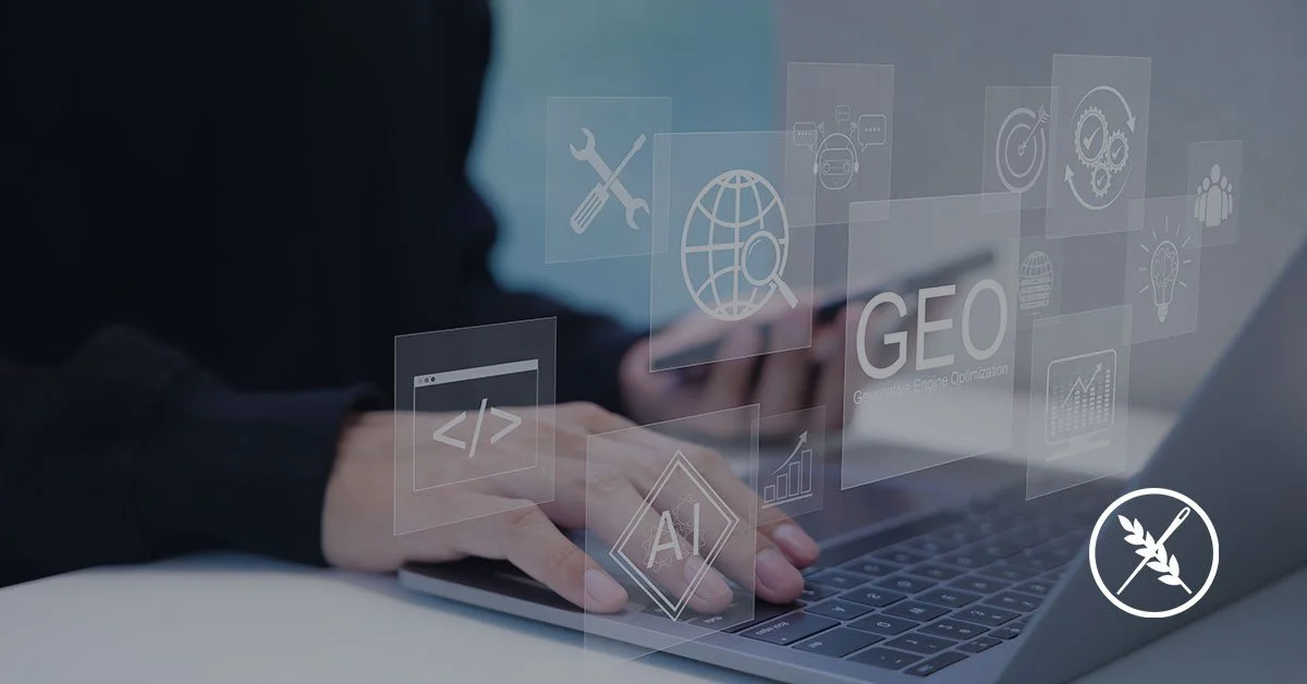 hands at computer keyboard with floating symbols and the acronym GEO