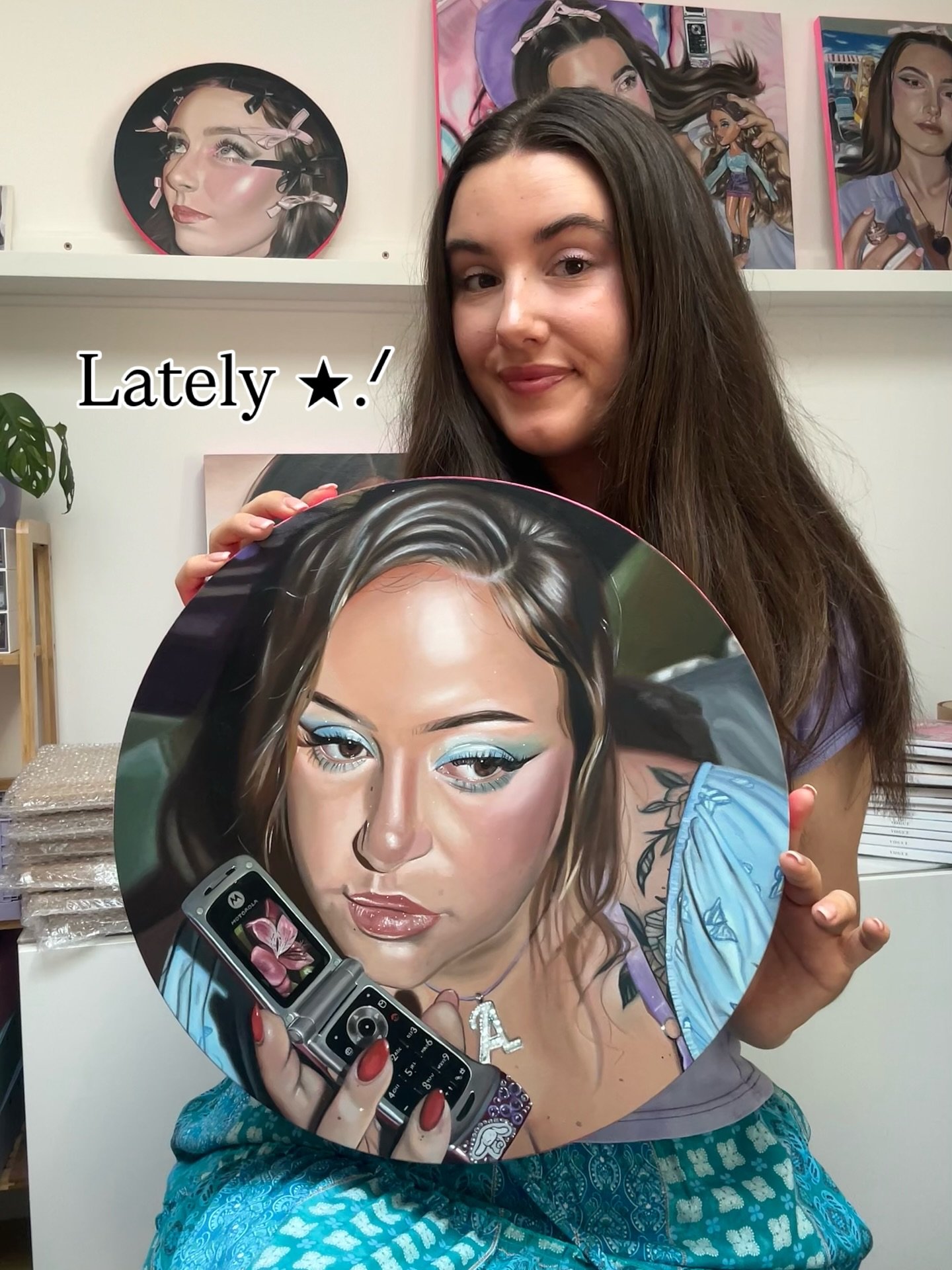 Life as an artist recently ⋆。‧˚ʚ🍓ɞ˚‧。⋆ So proud of my ⋆⭒˚2000s .⋆ inspired oil paintings so far! I have so many more nostalgic ideas and can’t wait to share with them with you guys 💝 Thank you so much for the love on my recent posts! I finall