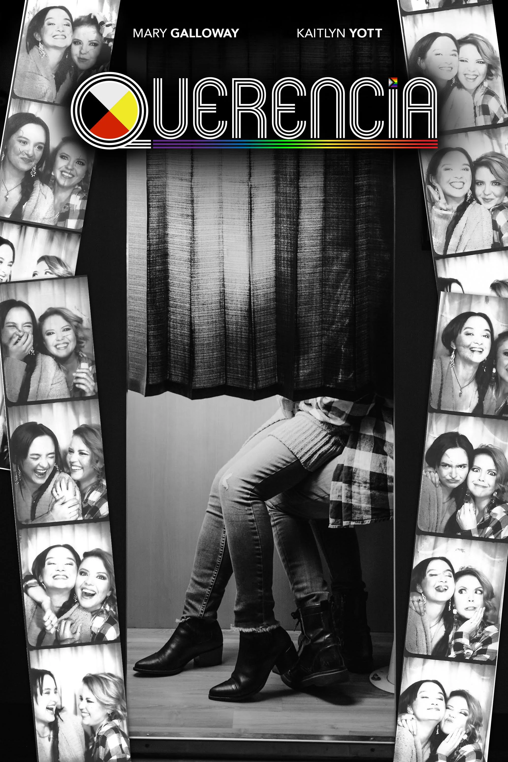 Photo booth with a curtain, featuring black-and-white photos of two women making funny faces and smiling. The sign above reads 'Querencia' with the names Mary Galloway and Kaitlyn Yott.