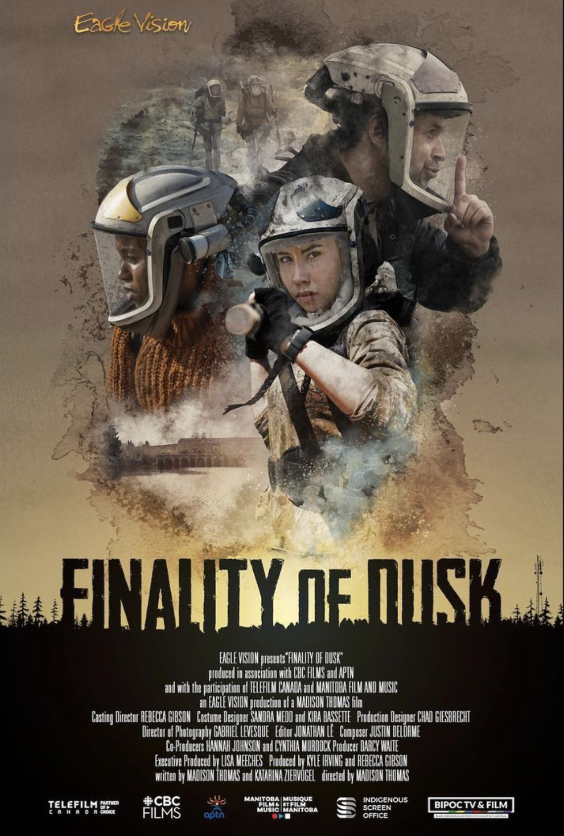 Movie poster for 'Finality of Dusk' featuring three soldiers in protective gear, one with a finger to their lips, another holding binoculars, and a third with a helmet. There are background images of soldiers in a desert, a train, and trees, with the
