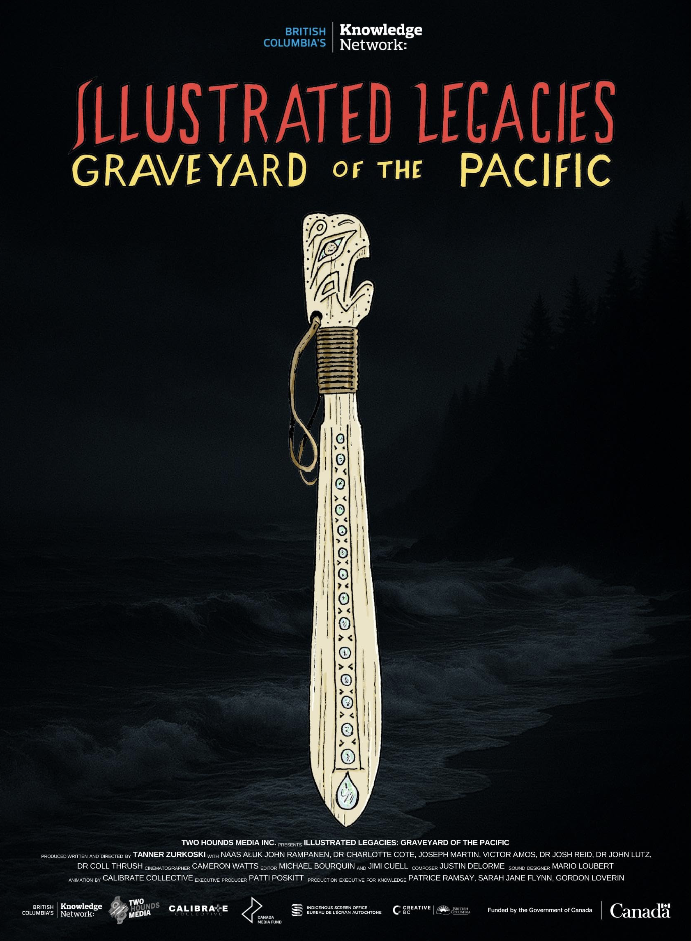 Illustrated cover of a publication titled "Illustrated Legacies: Graveyard of the Pacific" featuring a drawn long wooden spear with a carved face and eye on the top, set against a dark ocean background, with the logos of British Columbia's Knowledge 