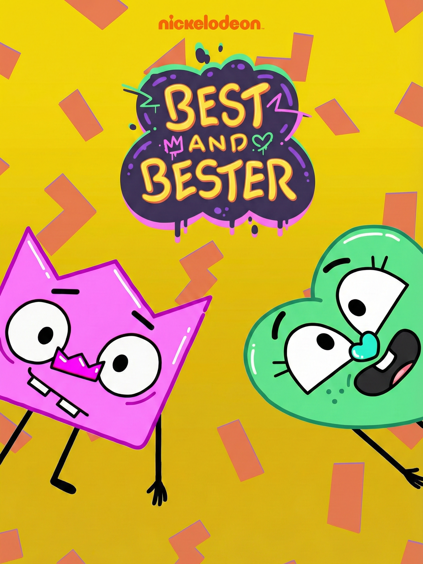 Colorful cartoon illustrations of two birds and some animated characters on a bright yellow background with orange square shapes. The text 'Best and Bester' is prominently displayed in the center.
