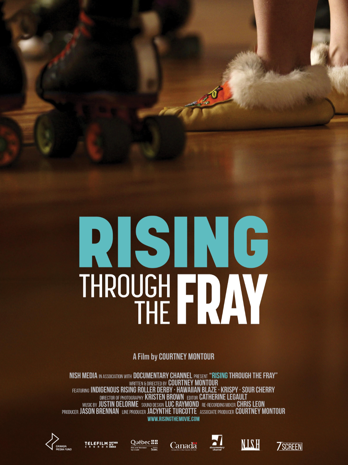 Poster for the documentary film 'Rising Through the Fray' featuring a close-up of a skating rink with someone in colorful skates standing near roller skates on a polished wooden floor.