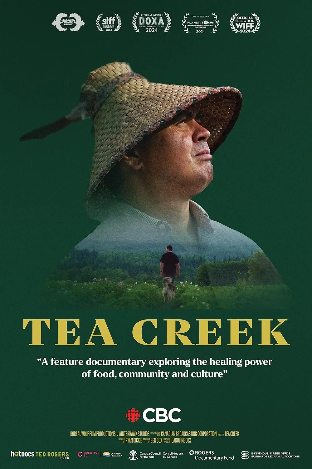Movie poster for 'Tea Creek' displaying a large human face with a woven hat, a smaller person walking with a dog in a green landscape, and multiple film festival laurels at the top.