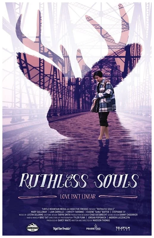 A promotional poster for the film 'Ruthless Souls' featuring a double exposure style. It shows a young woman standing in water on a bridge, with an overlay of a large deer's head and antlers, the bridge structure blending into the background.