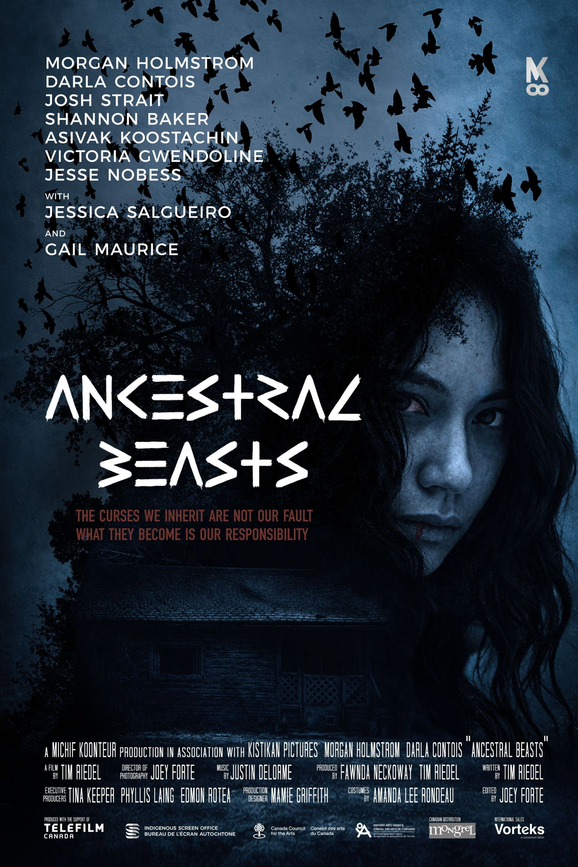 A dark poster for the film 'Ancestor Beast' shows a woman's face blending with a tree silhouette and numerous birds flying in the sky. The poster features the names of cast members and credits, with the tagline: 'The curses we inherit are not our fau