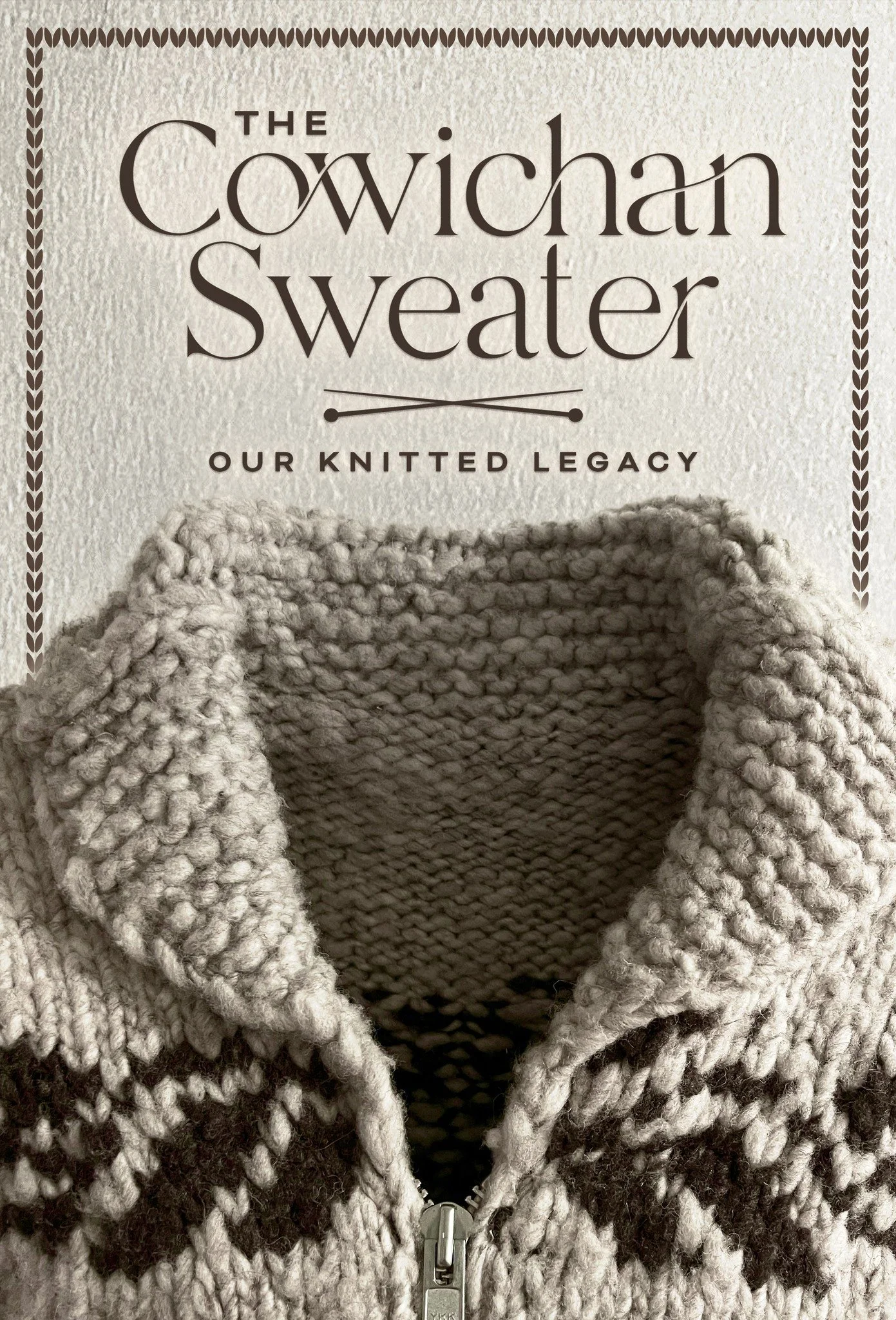 A book titled 'The Cowichan Sweater: Our Knitted Legacy' with a close-up of a knitted sweater in grey and brown tones on the cover.