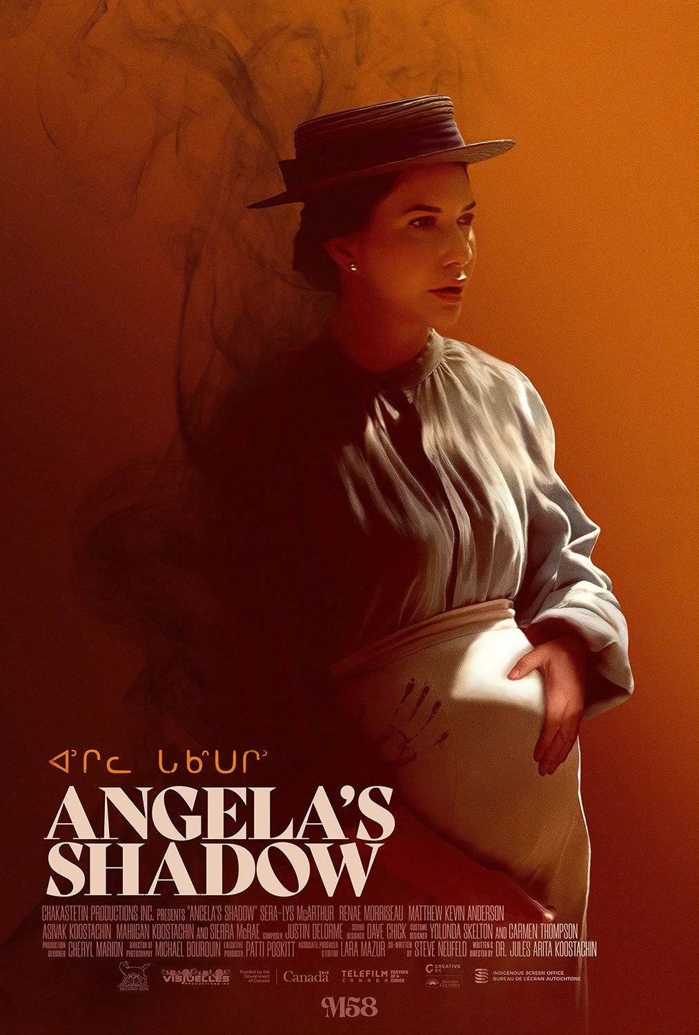 Movie poster for 'Angela's Shadow' featuring a woman in a hat and vintage clothing, with a warm orange background and stylized text.