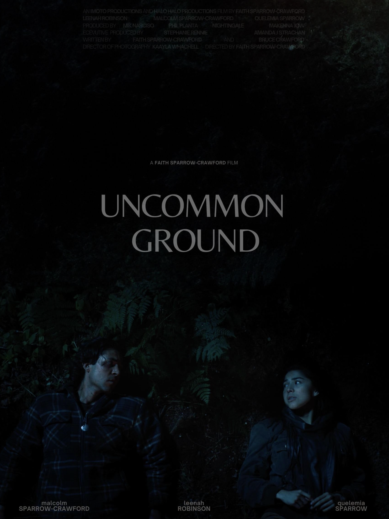 Movie poster for 'Uncommon Ground' features two characters lying on the ground with foliage behind them, darker tone with text listing cast and credits.