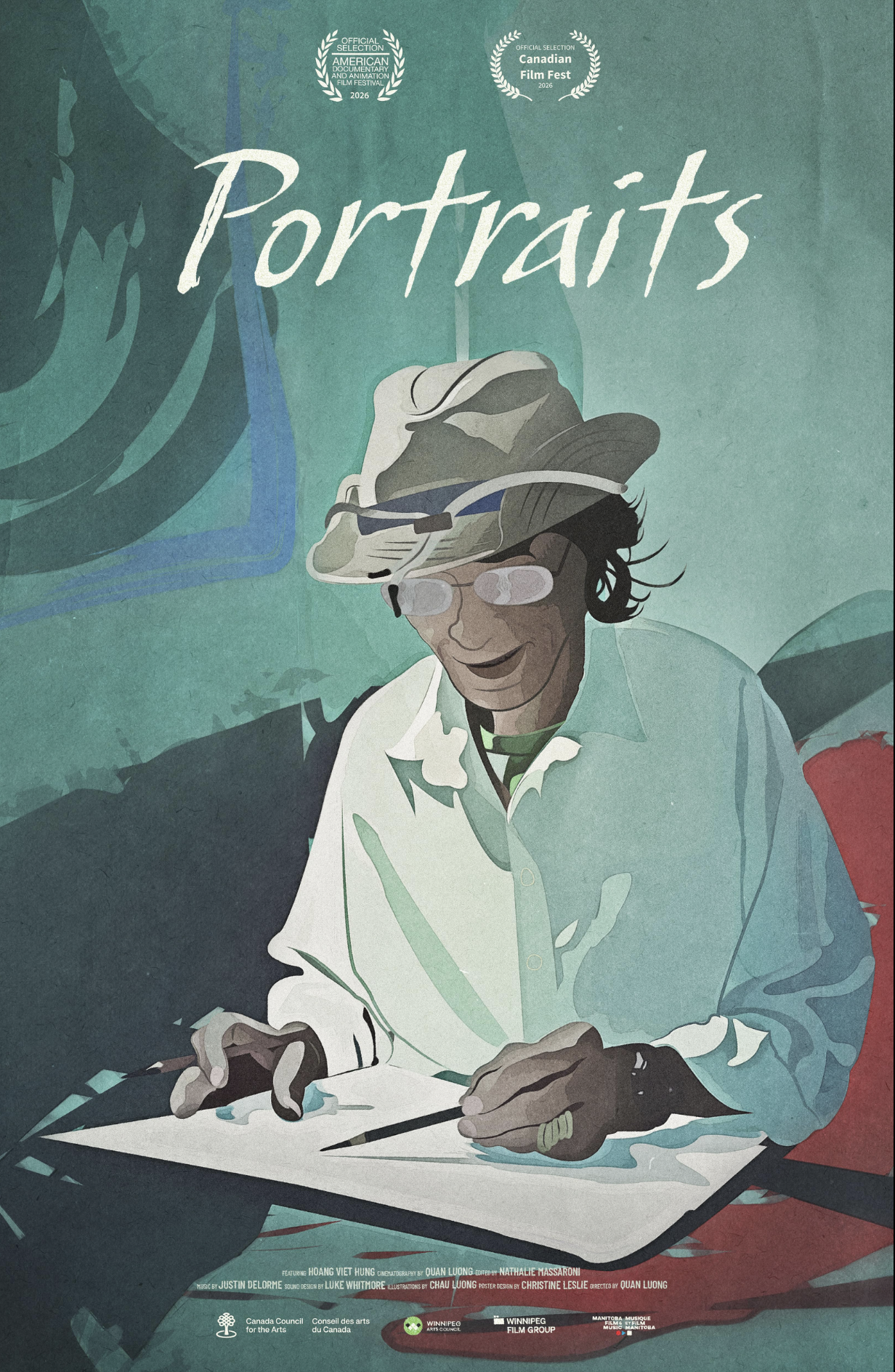 Illustration of a person wearing glasses, a hat with a brim, and a long-sleeved shirt, drawing at a desk with a pencil and paper. The background is teal and dark green with text and logos related to film festivals and acknowledgments.