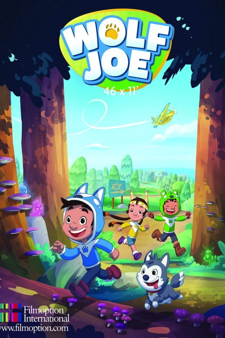 Colorful cartoon cover of Wolf Joe featuring three children running through a forest with a small dog, flying helicopter in the sky, glowing plants, and trees.