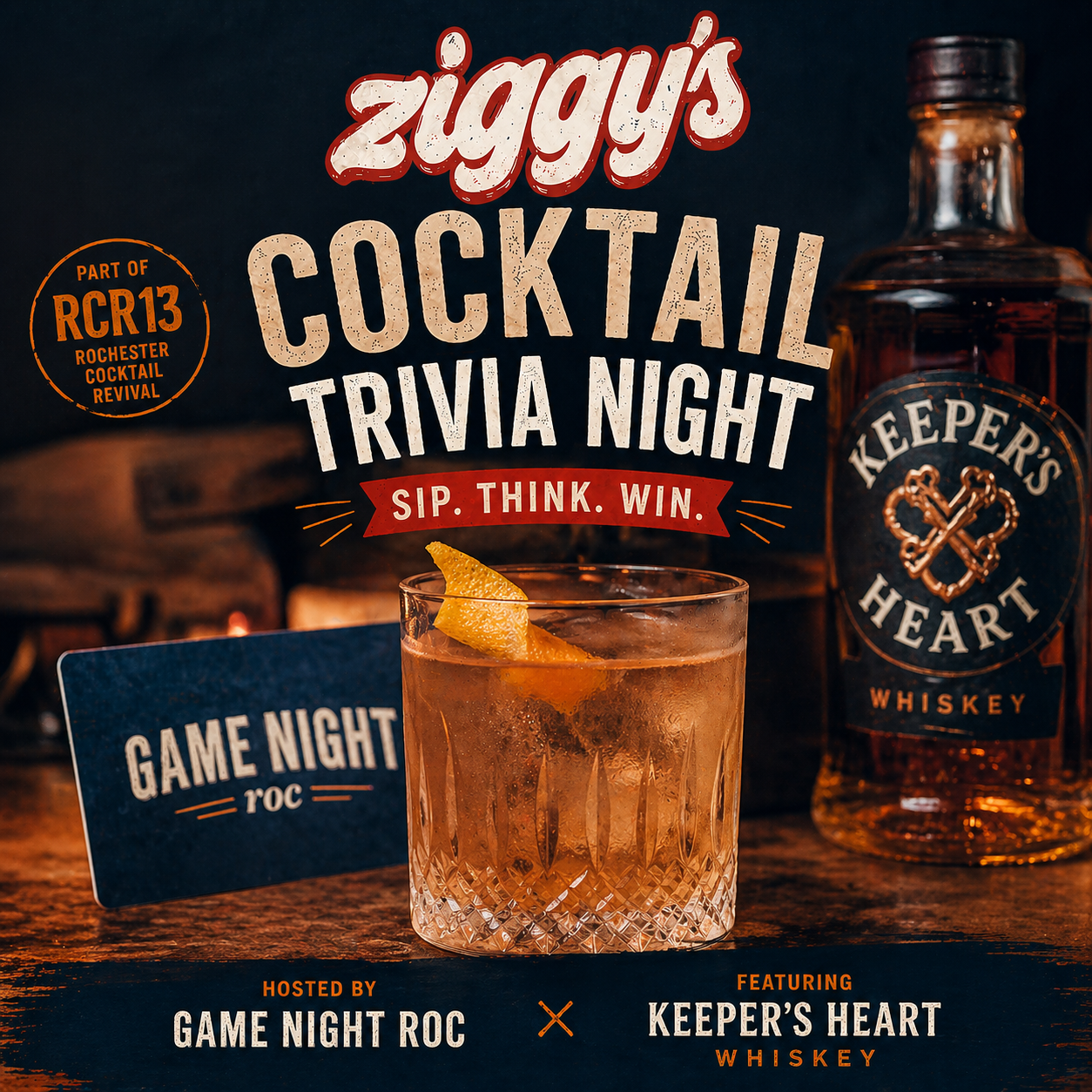 Cocktail Trivia Night with Game Night Roc & Keeper’s Heart Whiskey