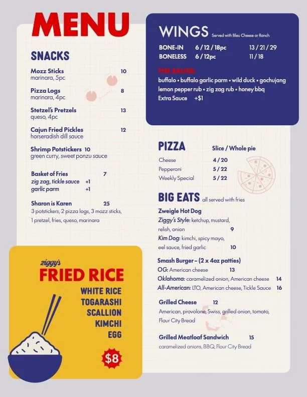 Restaurant menu featuring sections for snacks, wings, pizza, big eats, and fried rice. Snacks include mozzarella sticks, pizza logs, pretzels, pickles, shrimp, fries, and a Karen sandwich. Wings are bone-in and boneless with sauce options. Pizza comes in slices and whole pies with various toppings. Big eats include hot dogs, a burger, and grilled cheese. Fried rice offering includes white rice, Togarashi, scallion, kimchi, and egg, priced at $8.