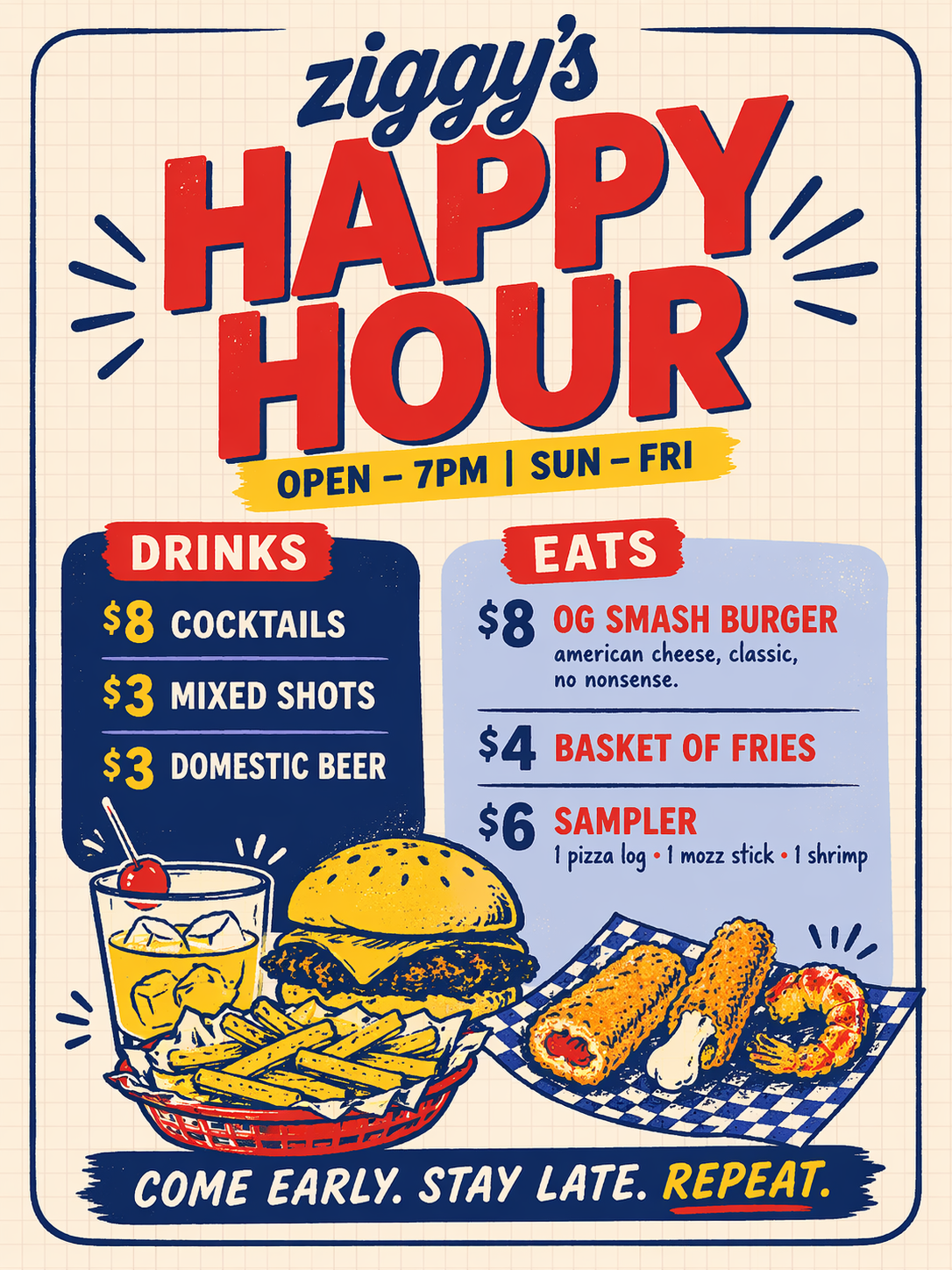 Ziggy's happy hour menu Rochester NY — drinks and eats from open until 7PM