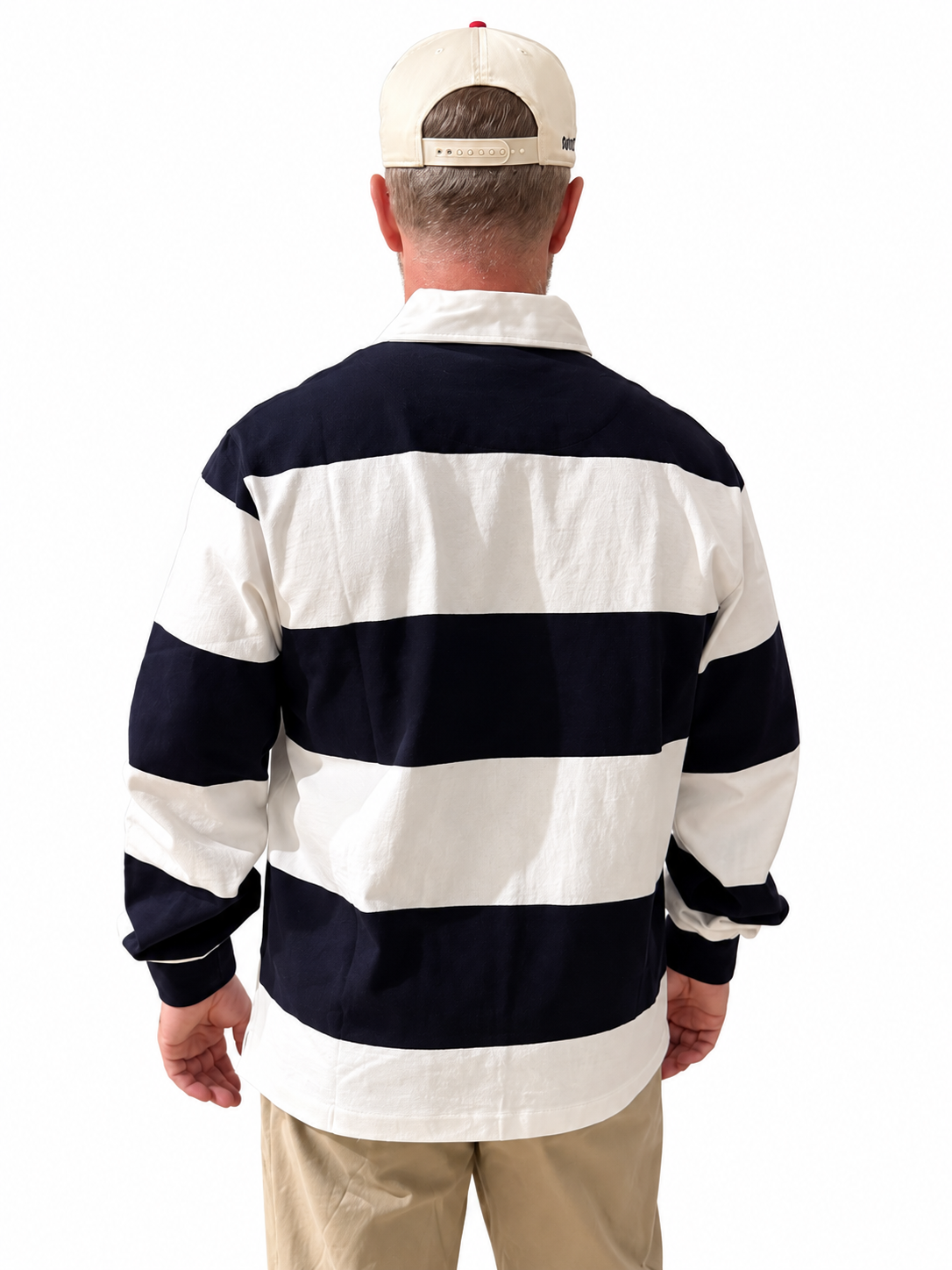 Back View of Striped Rugby Shirt and Khakis.png