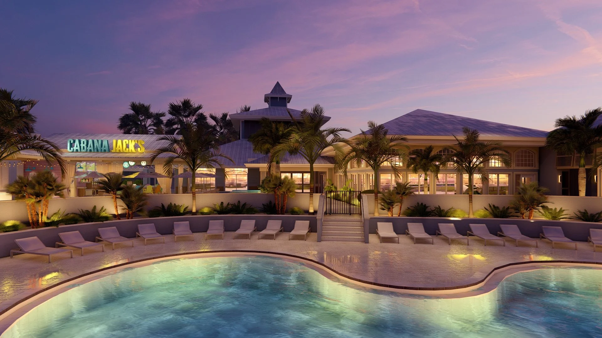 Dusk rendering of the Radisson Resort at the port pool and Tiki Bar area.