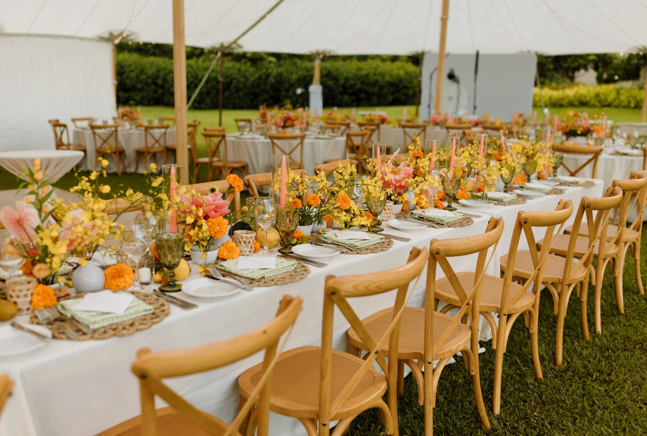 Wedding reception setup with long tables decorated with flowers, candles, and tableware, set outdoors under a white tent on a grassy area.