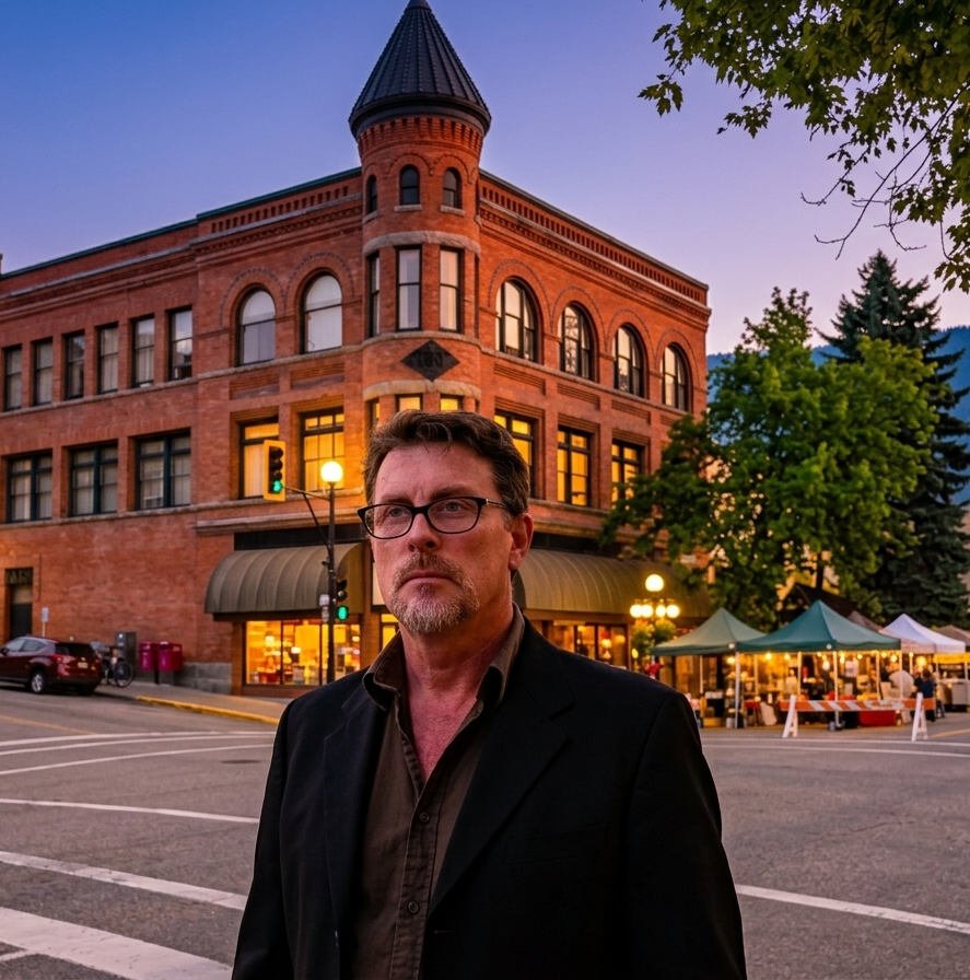 H Robert Mac standing on Bakeer street in Nelson BC at dusk demonstrating integrity of purpose. I actually do live in the Kootenays and shop locally here.