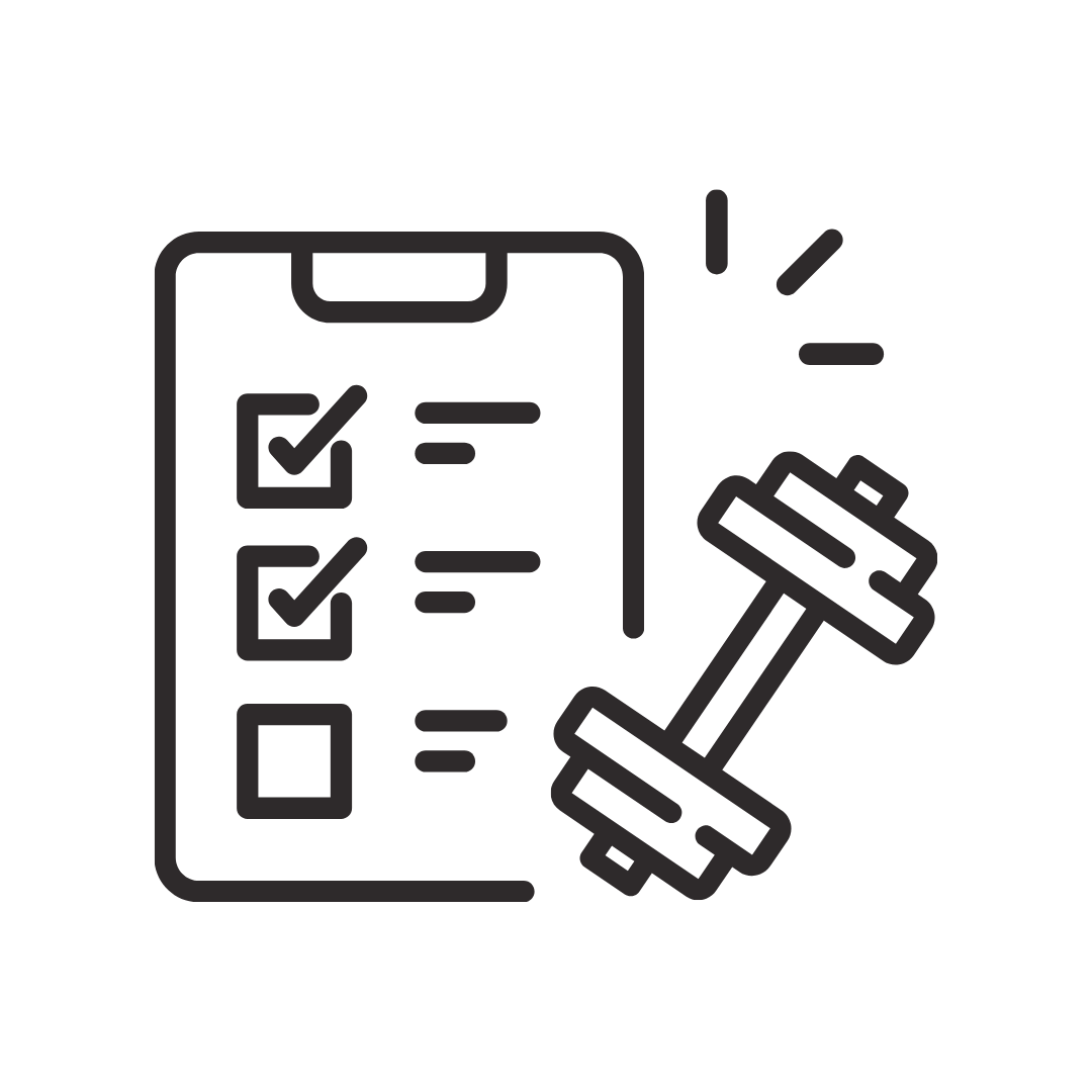 A checklist on a clipboard with two checked boxes and one unchecked box, a dumbbell, and lines indicating exercise or activity.