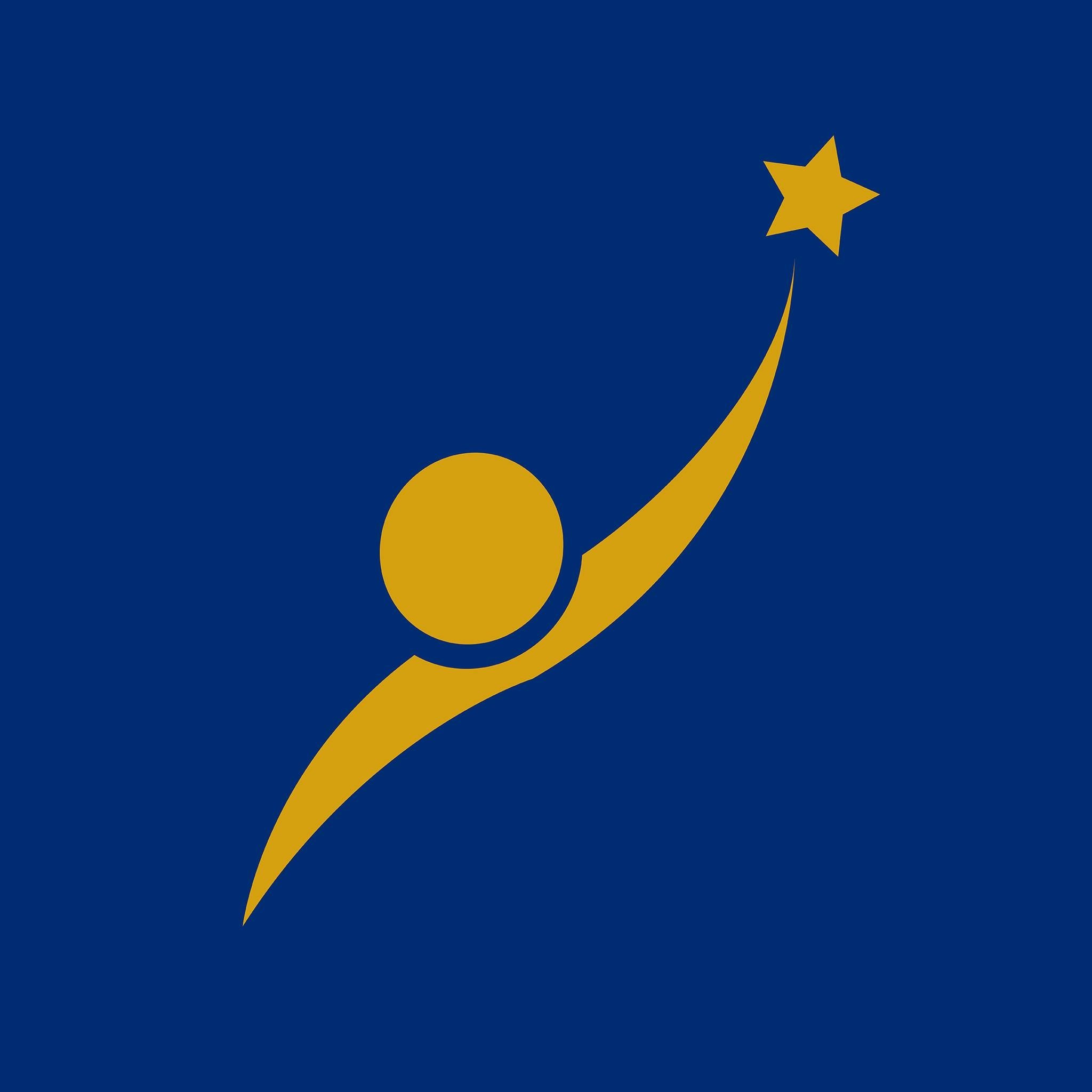 A blue background with a gold stylized human figure reaching for a star.