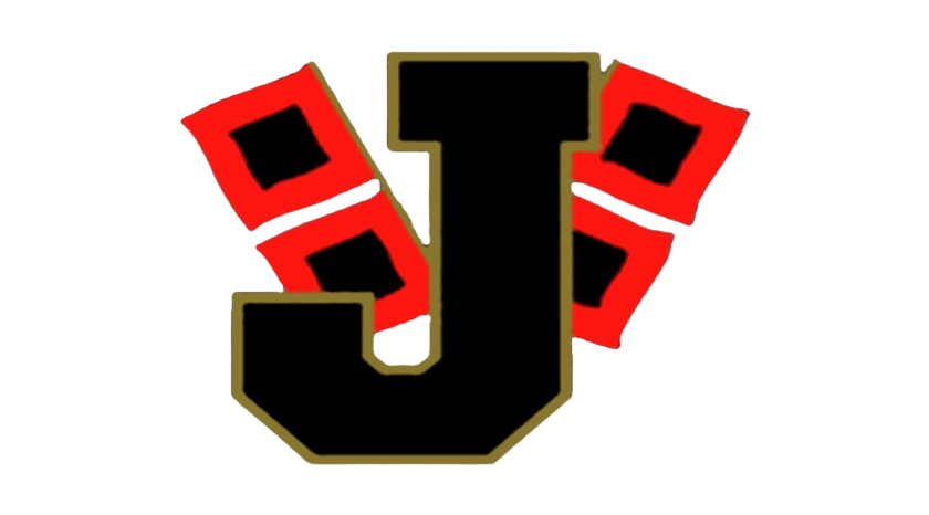 Graphic of a large black letter "J" with red dice and a yellow background.