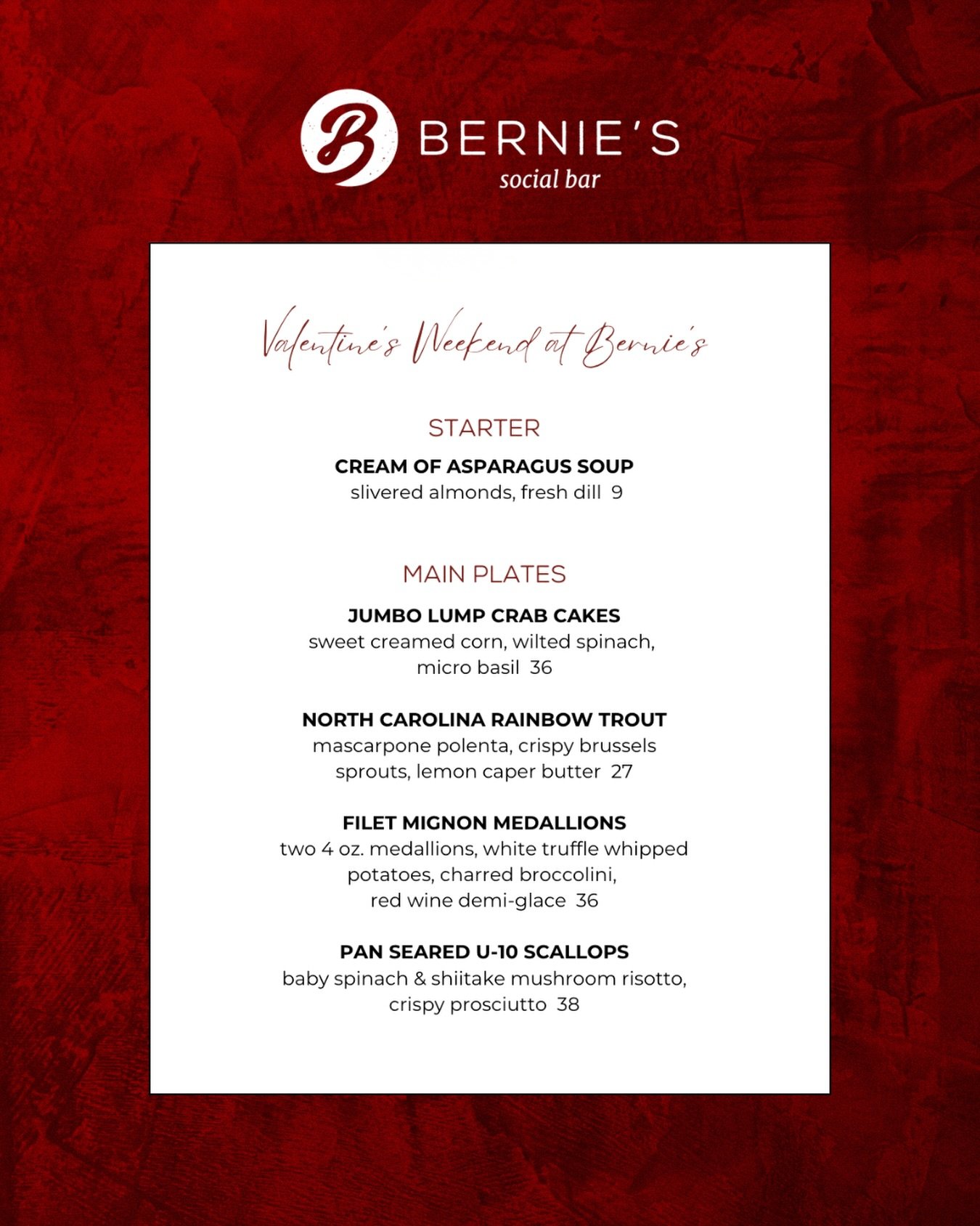 Valentine&rsquo;s weekend at Bernie&rsquo;s starts now! 🌹❤️Accepting reservations - call 770-627-2297