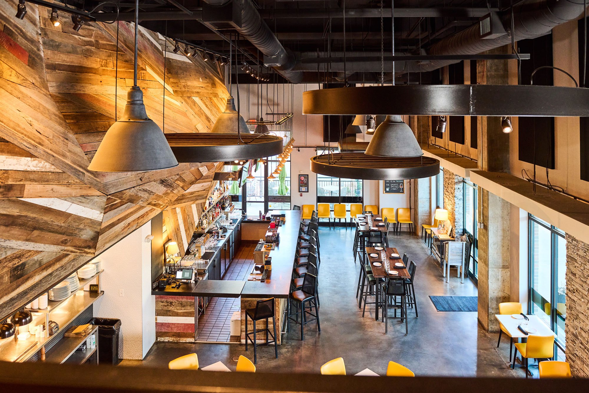 View of lower level of dining room from mezzanine