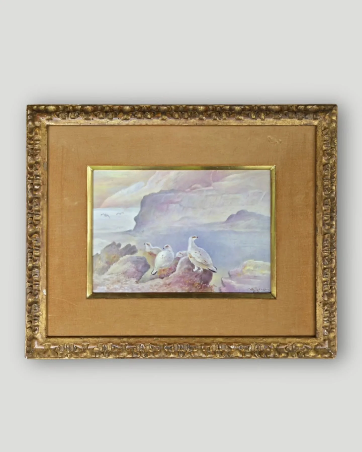 SOLD
Ptarmigans, 1909
by William Borer Johnson (English, 1861-1943)
likely produced for Royal Doulton

Hand-painted porcelain plaque, 13 3/4 x 16 3/4 in. (frame)
Signed and dated at lower right
Mid-century framing with velvet liner

Condition: Porcel