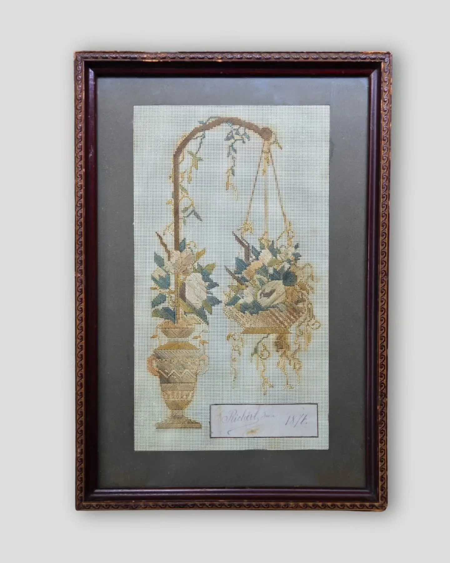 SOLD
French Petit Point Needepoint, 1876
by Jean Richert

Mounted in an early-mid 20th c. wood frame with dark green matting, 19 1/4 x 13 1/4 in. (frame)

Condition: Overall good condition with no loose threads. Minor staining on perforated paper and