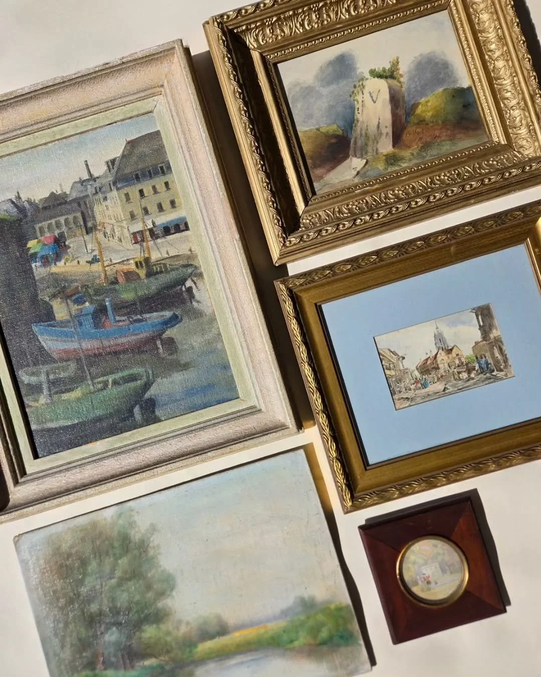 Happy Monday! There is a sweet selection of available French and English paintings from our inventory.

Sold. 1. "Concarneau" (Brittany, France), c. 1950, by Miss. A. Watson, oil on board, 18 1/4 x 14 1/4 in., signed &amp; titled on back, p