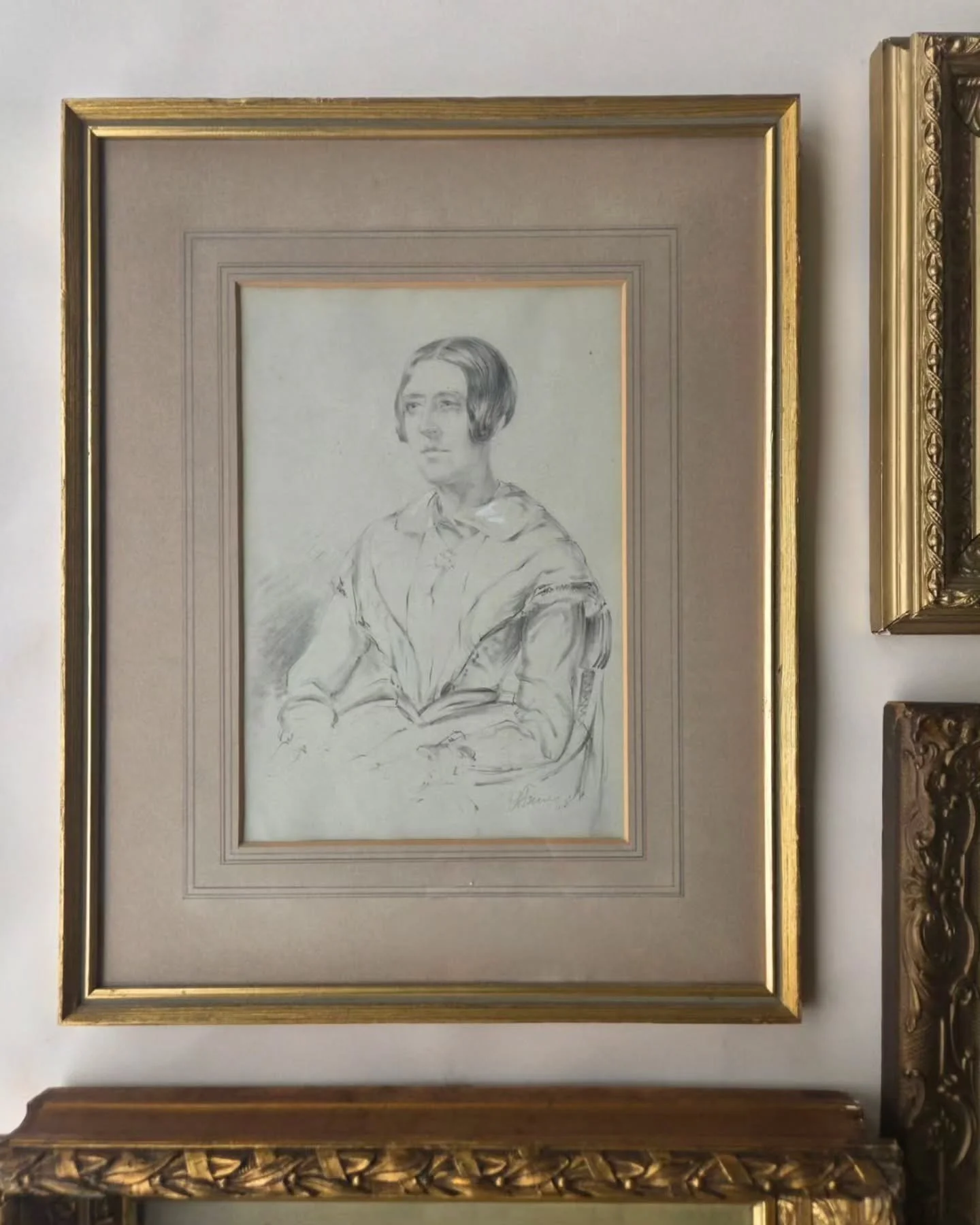 Available. English Portrait, 1845
signed

$215 + ship (from NY)

graphite and watercolor wash, 14 1/4 x 17 3/4 in.
signed at dated at lower right

professionally framed in London, hand decorated mat
sourced in Sussex, England

good antique condition,