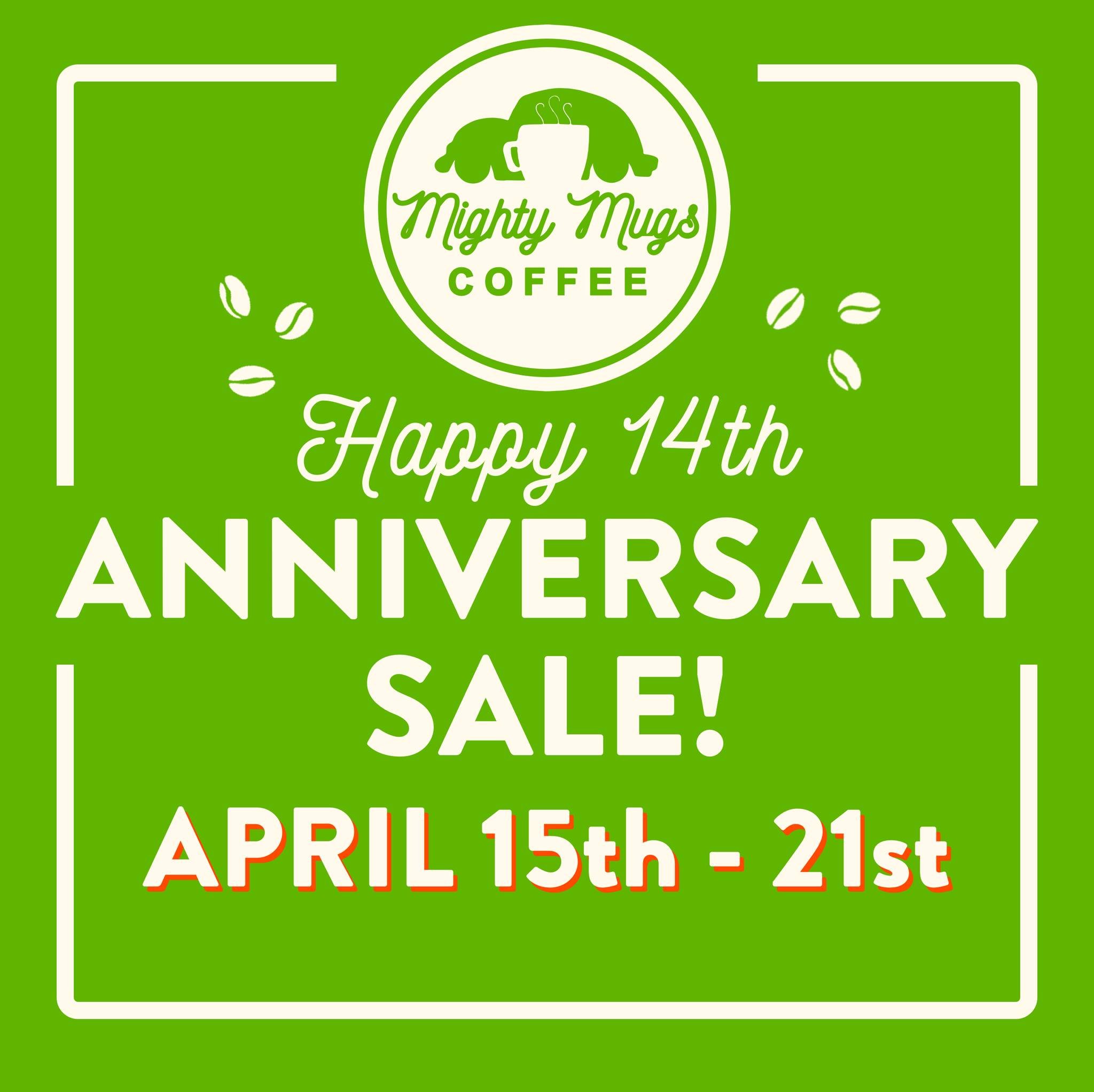 Happy 14th Anniversary to us!
Our Anniversary Sale is BACK!!! Buy $50 giftcards for just $40~
We are also doing a sale on our reusable straws and sleeves! 
Stop by one of our locations this week to stock up on coffee funds 💚