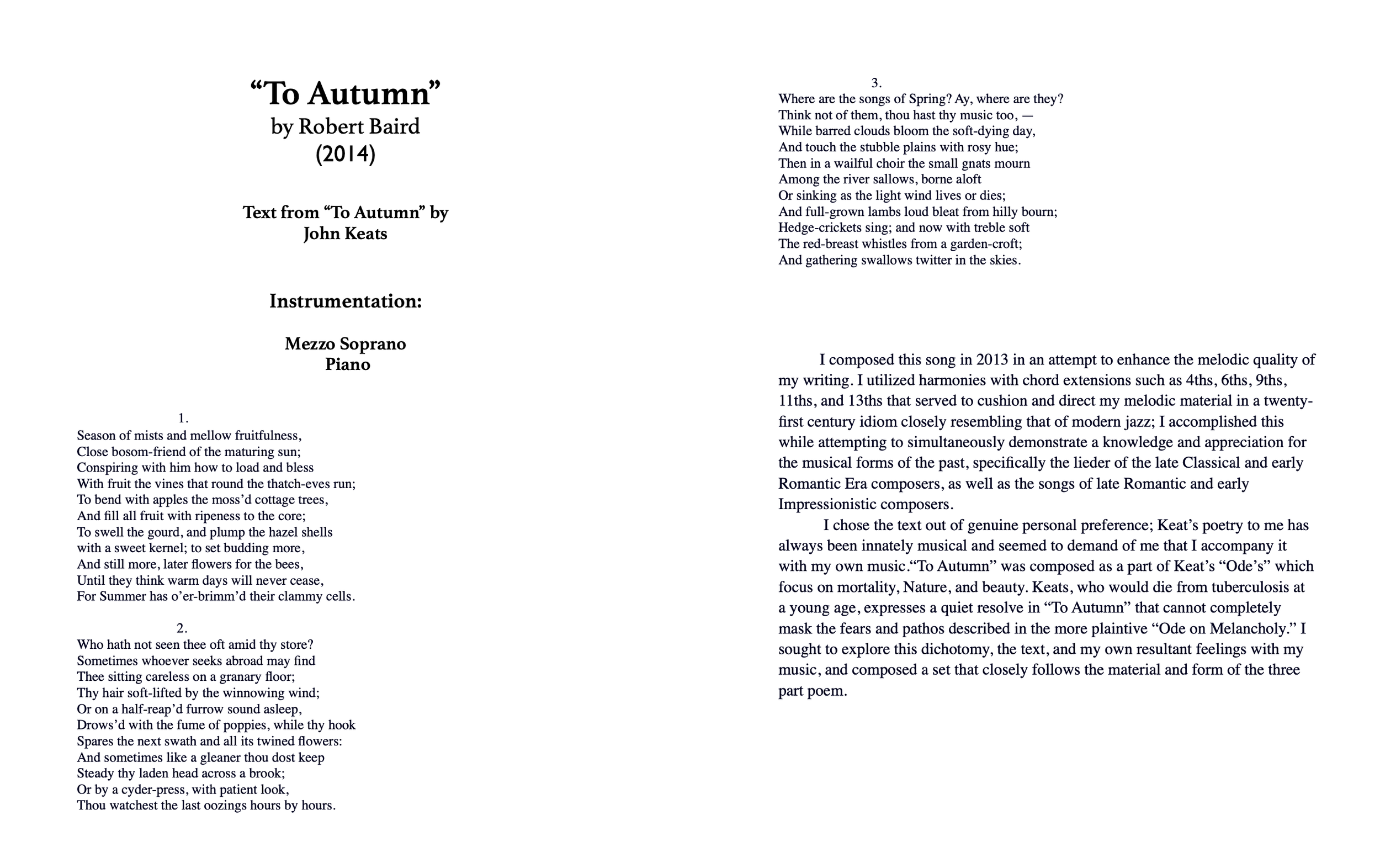 "To Autumn" for Mezzo Soprano and Piano