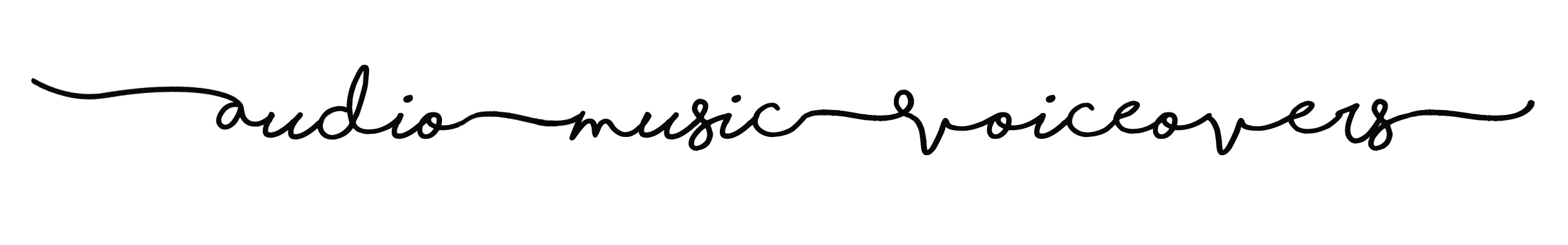 Signature logo with the words 'audio music voiceovers' in cursive black font.