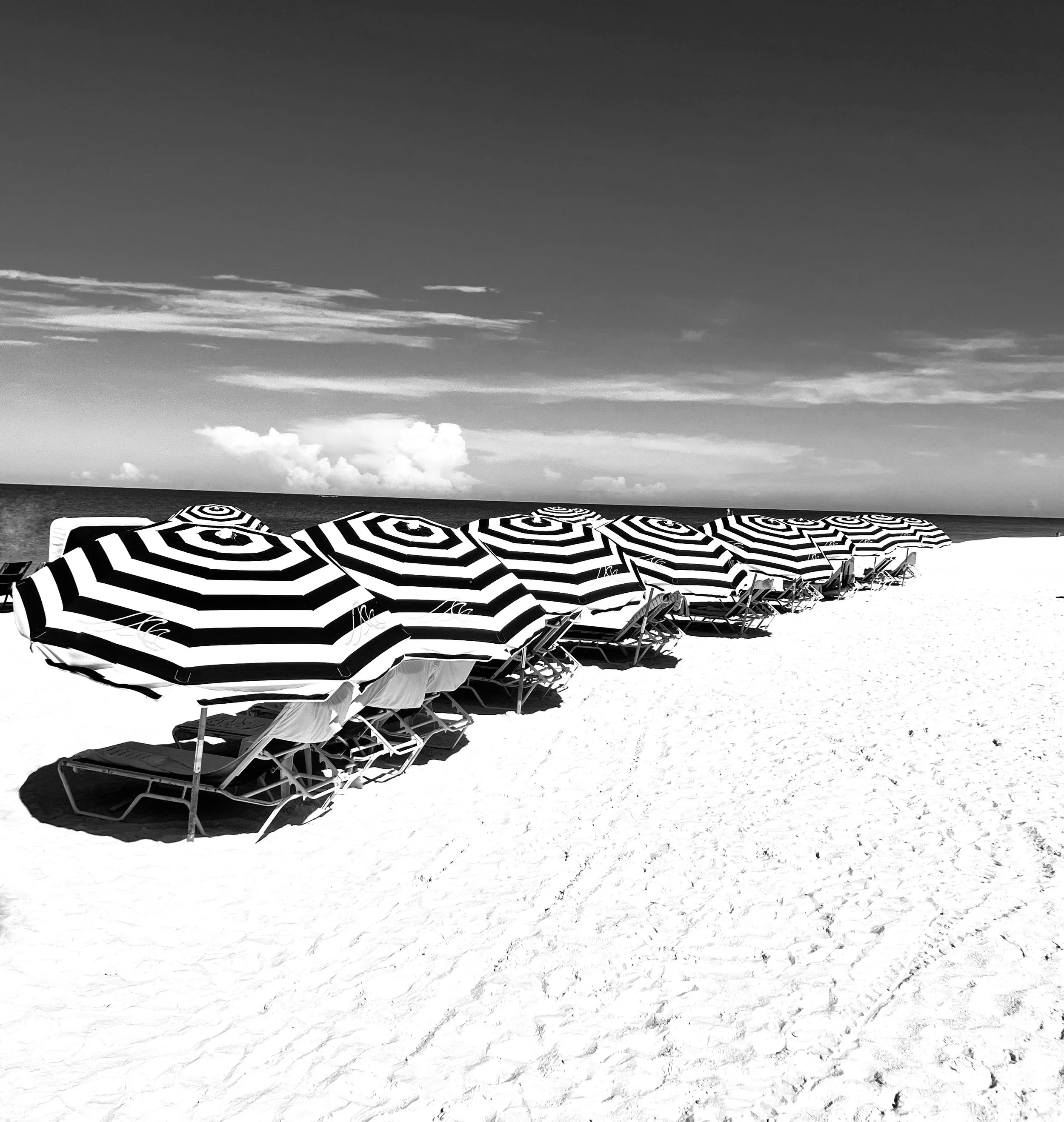 Multiple striped beach umbrellas and lounge chairs on a sandy beach with a distant ocean and cloudy sky in black and white.