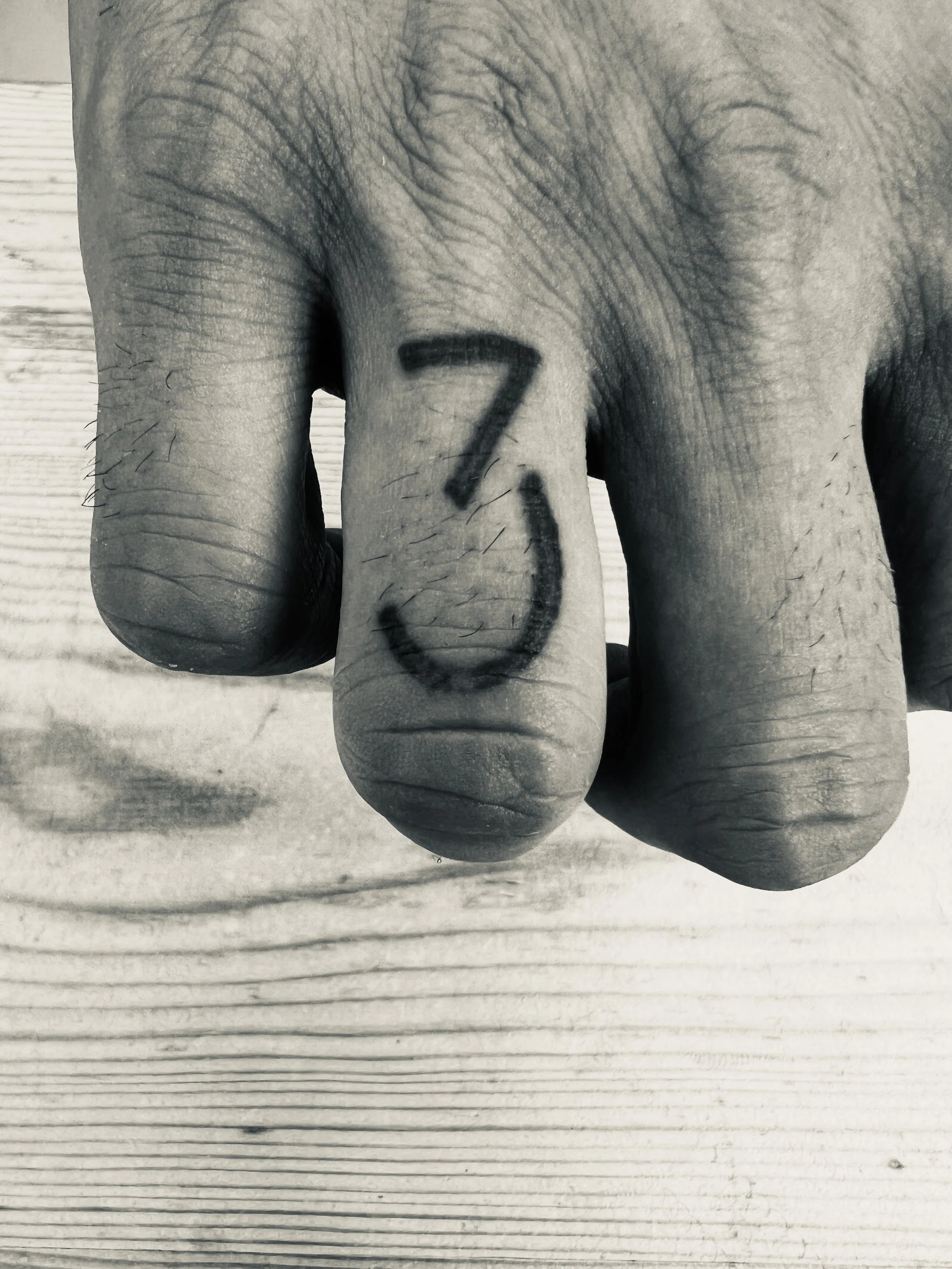 Black and white photo of a hand with the number '23' written on the middle finger.