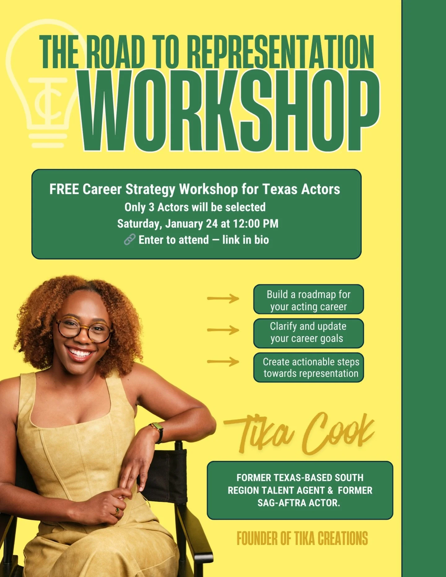 Hey Actors! I&rsquo;m hosting&nbsp;THE ROAD TO REPRESENTATION&nbsp;WORKSHOP,&nbsp;a free&nbsp;workshop for 3 selected Texas Actors who do not currently have representation but are ready to get started in the industry and move with intention.

This wo