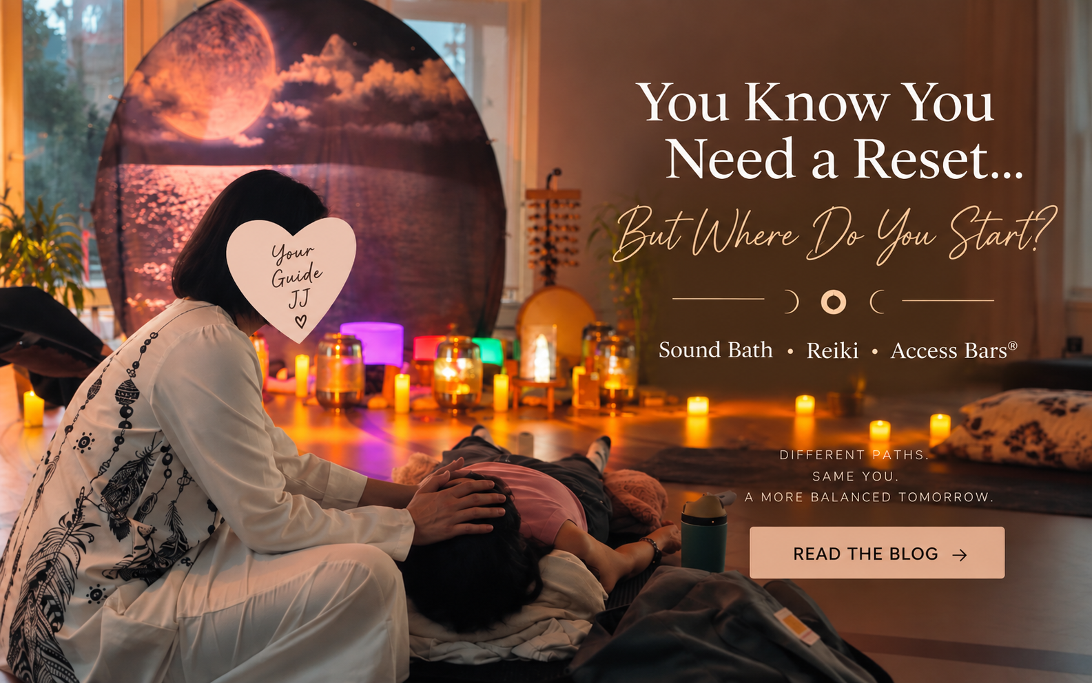 JJ offering a relaxing healing session with sound bath, Reiki and Access Bars in a warm wellness space in Greater Vancouver.