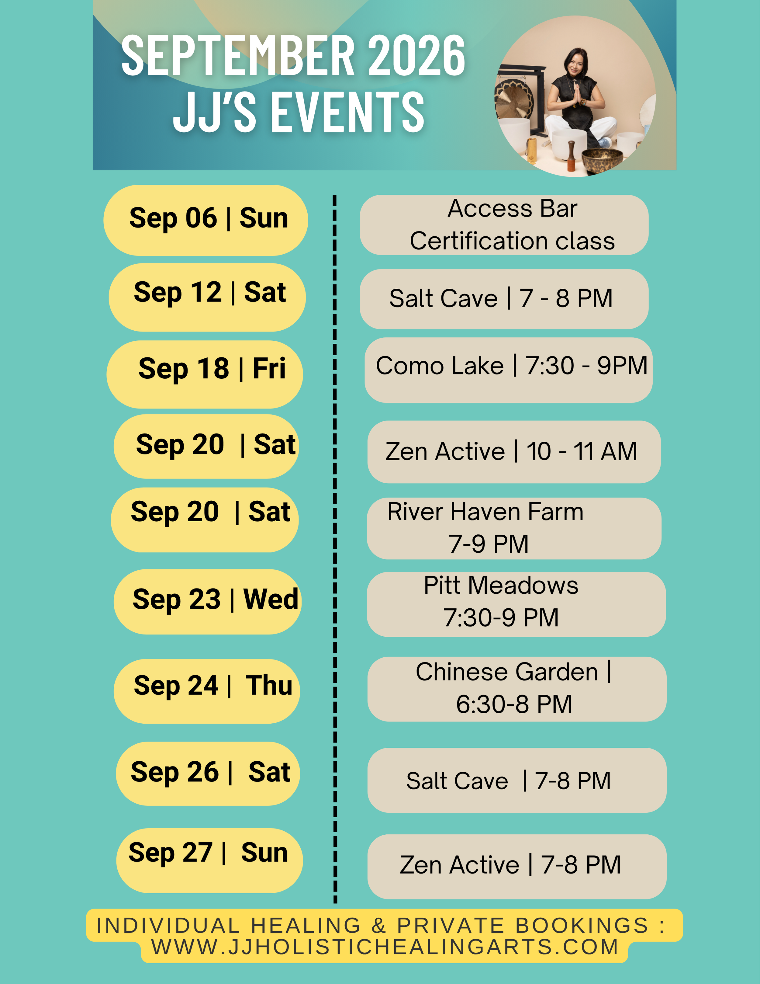 JJ Holistic Healing Arts September 2026 events schedule featuring sound baths, Access Bars certification classes, Salt Cave healing, and wellness events across Vancouver and Greater Vancouver.