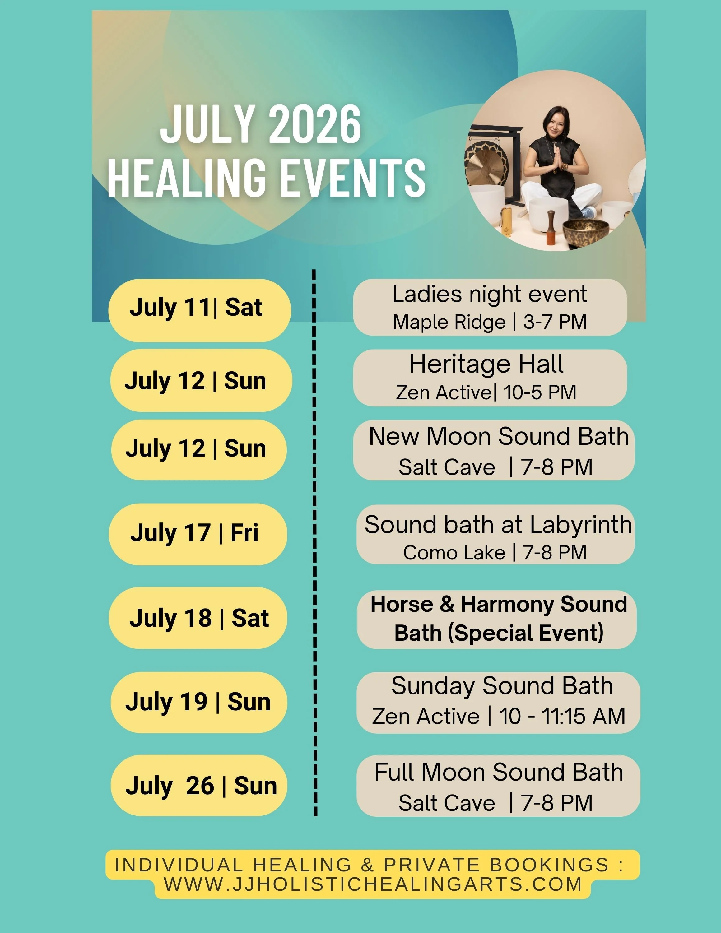 July 2026 healing event schedule by JJ Holistic Healing Arts featuring sound bath, reiki, meditation, and wellness events across Metro Vancouver