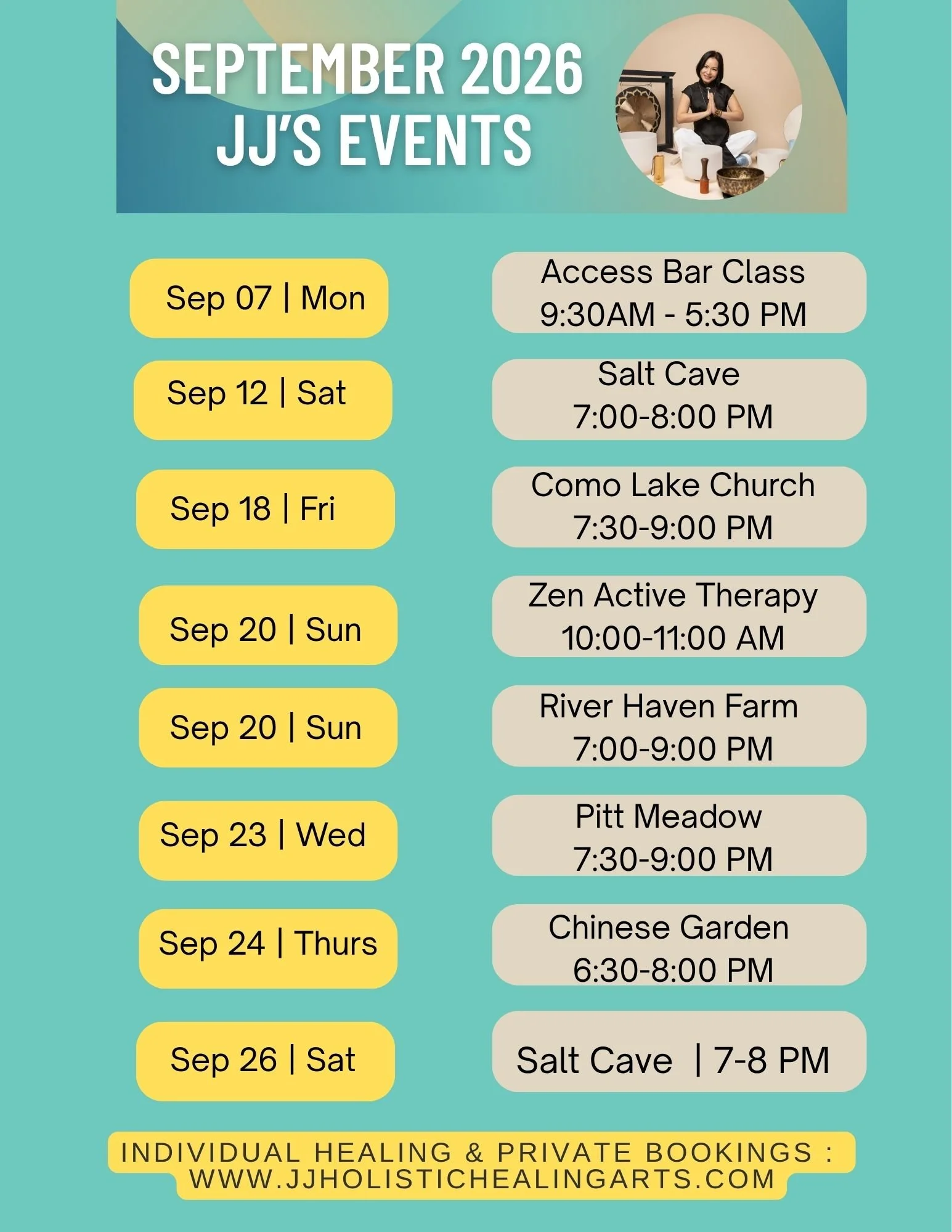 A schedule of events for September 2026 at JJ's Events, featuring dates, times, and locations of various classes and activities, including an access bar class, salt cave visits, a healing session, and more, with a photo of a woman practicing meditation or yoga at the top right corner.