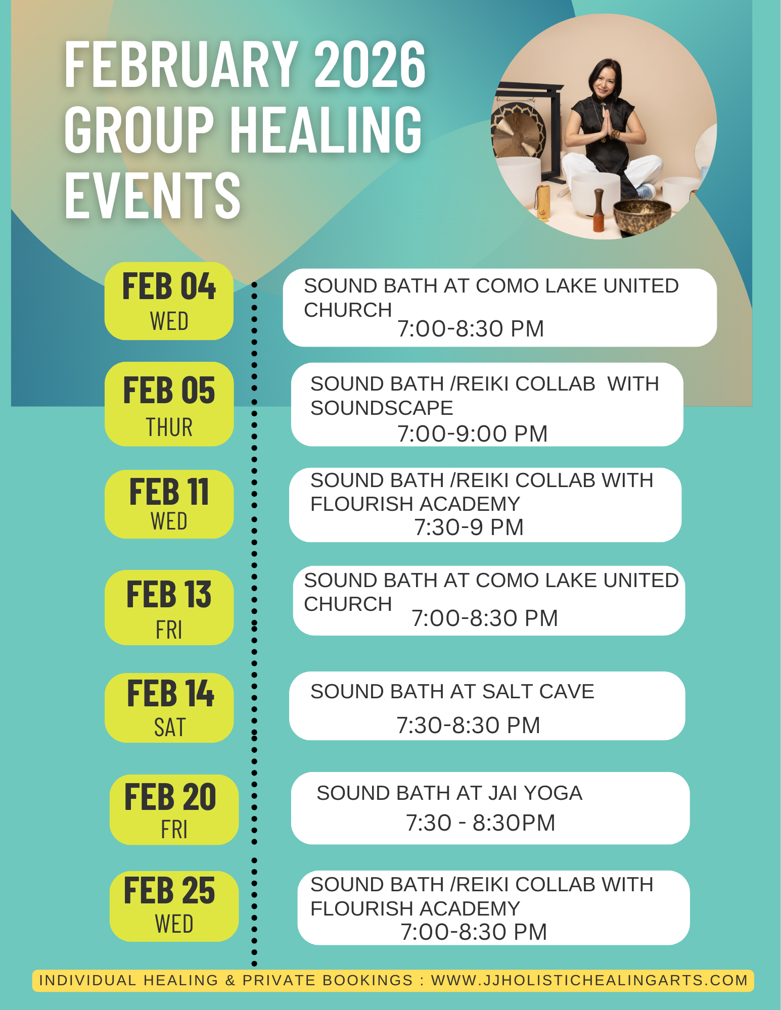 February group sound bath & reiki healing event schedule  with JJ Holistic Healing Arts