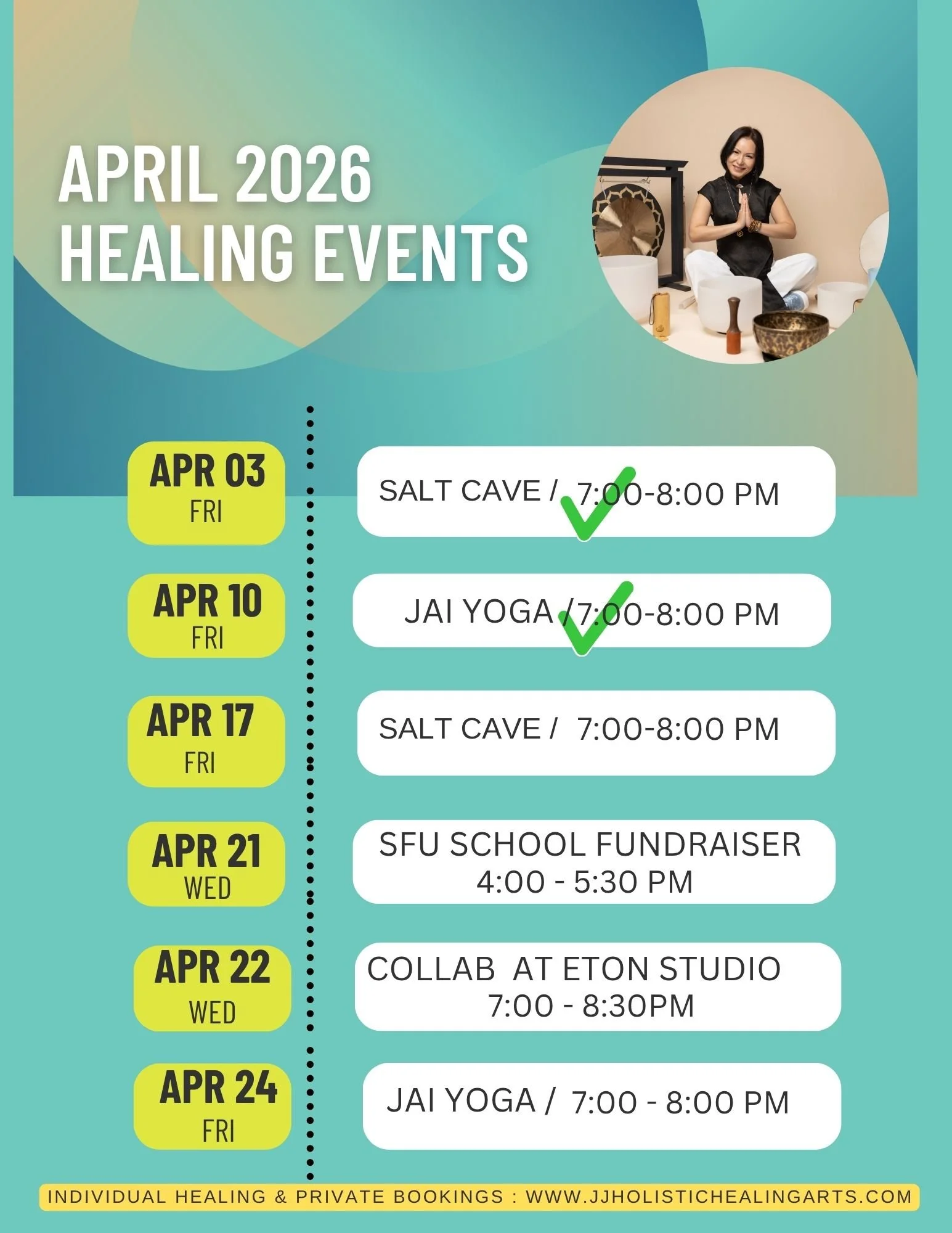 Calendar of April 2026 healing events featuring various activities like Salt Cave, Jai Yoga, SFU School Fundraiser, and collaboration at Eton Studio, with dates, times, and checkmarks indicating confirmed events.