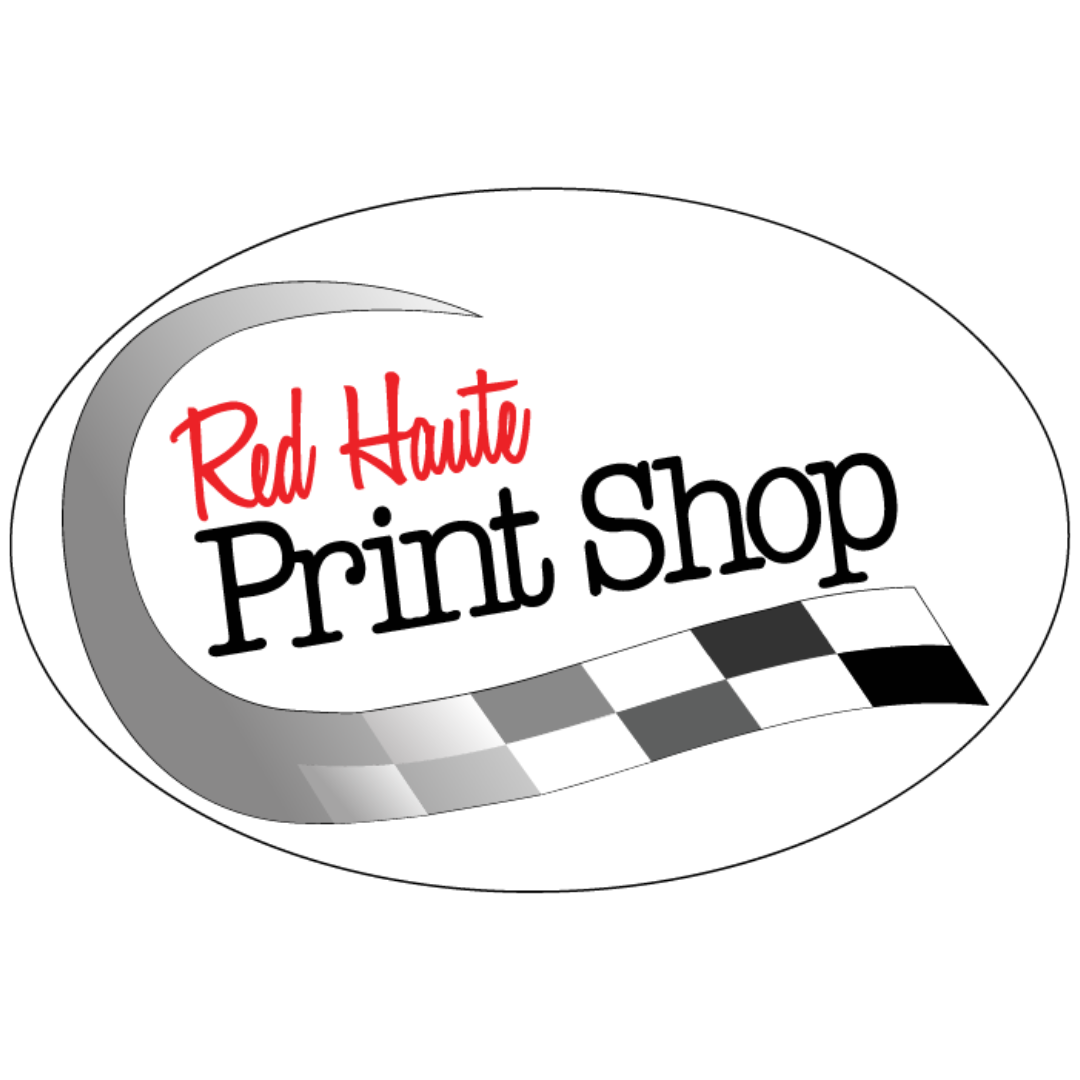Logo for Red Haute Print Shop featuring stylized text and a checkered racing stripe.