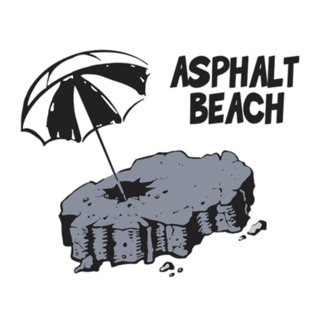 A stylized illustration of a rocky beach with an umbrella and the text 'Asphalt Beach'.