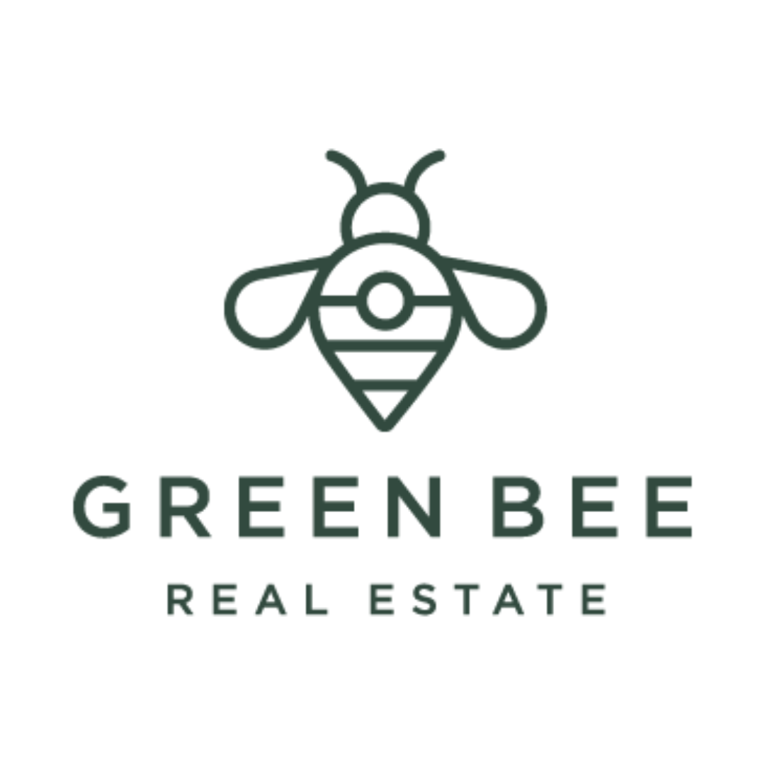 Logo for Green Bee Real Estate featuring a minimalist bee illustration and text.